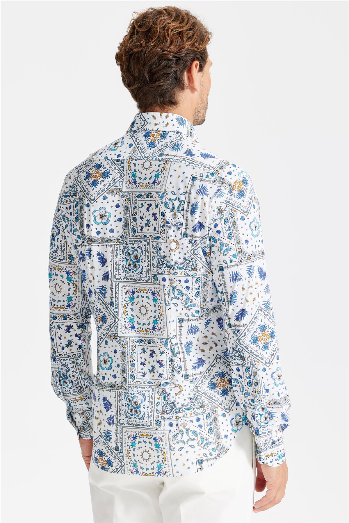 Beyaz Mavi Karma Desen Teknik Kumaş Gömlek