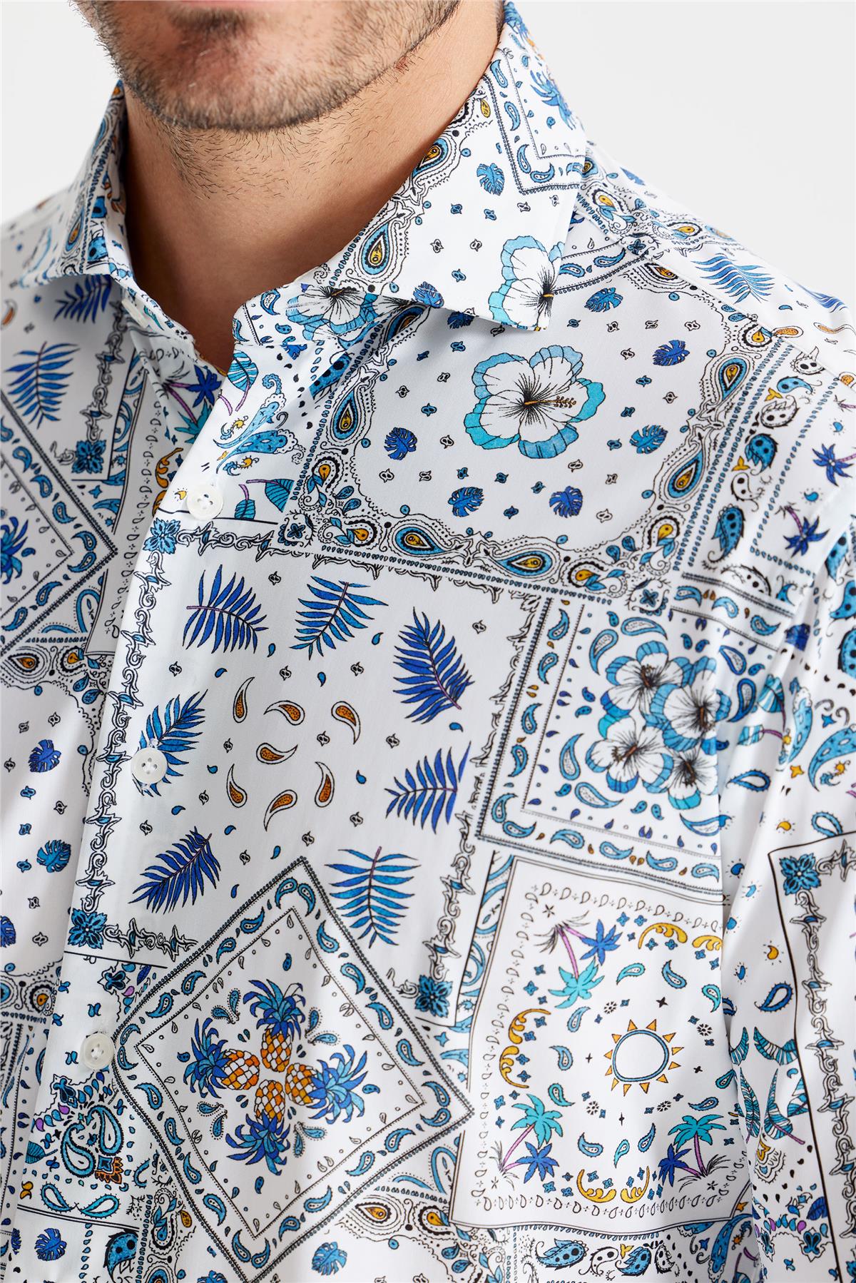 Beyaz Mavi Karma Desen Teknik Kumaş Gömlek