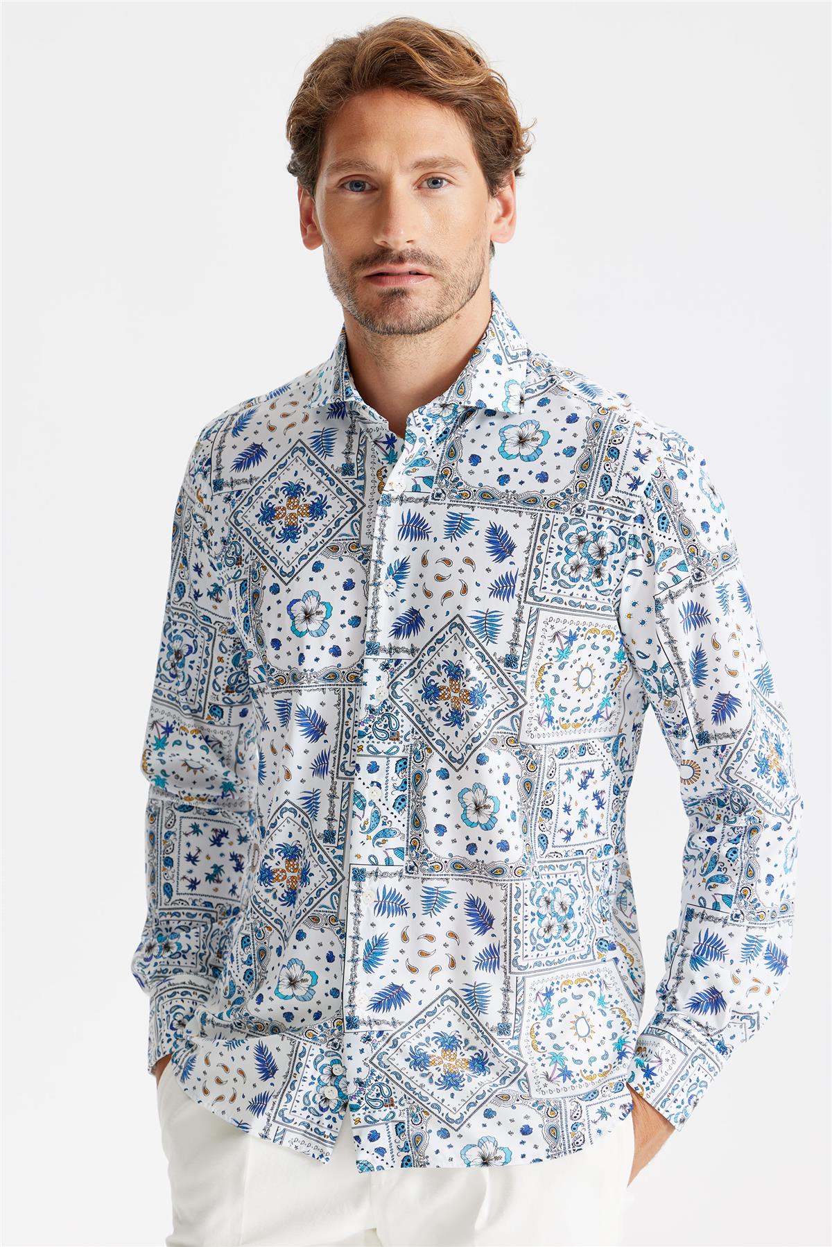 Beyaz Mavi Karma Desen Teknik Kumaş Gömlek