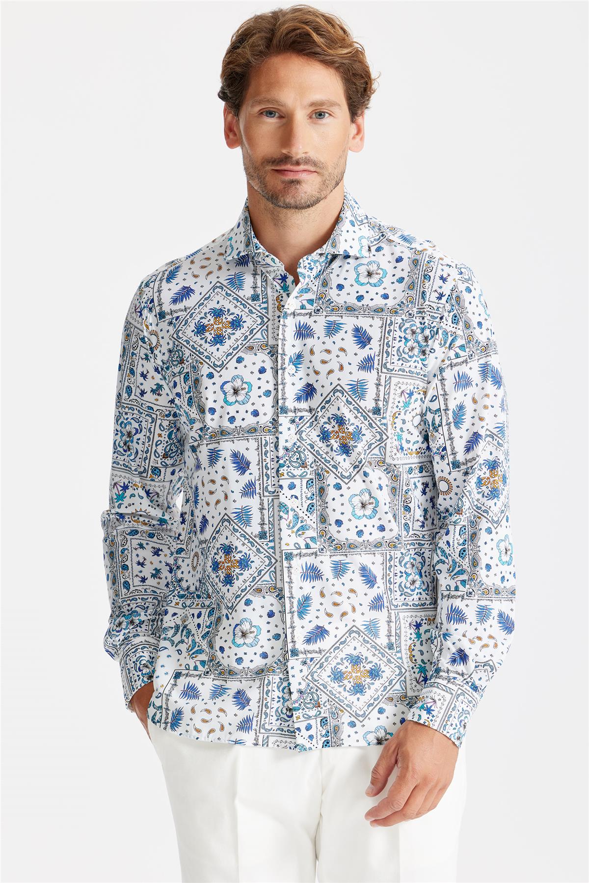 Beyaz Mavi Karma Desen Teknik Kumaş Gömlek