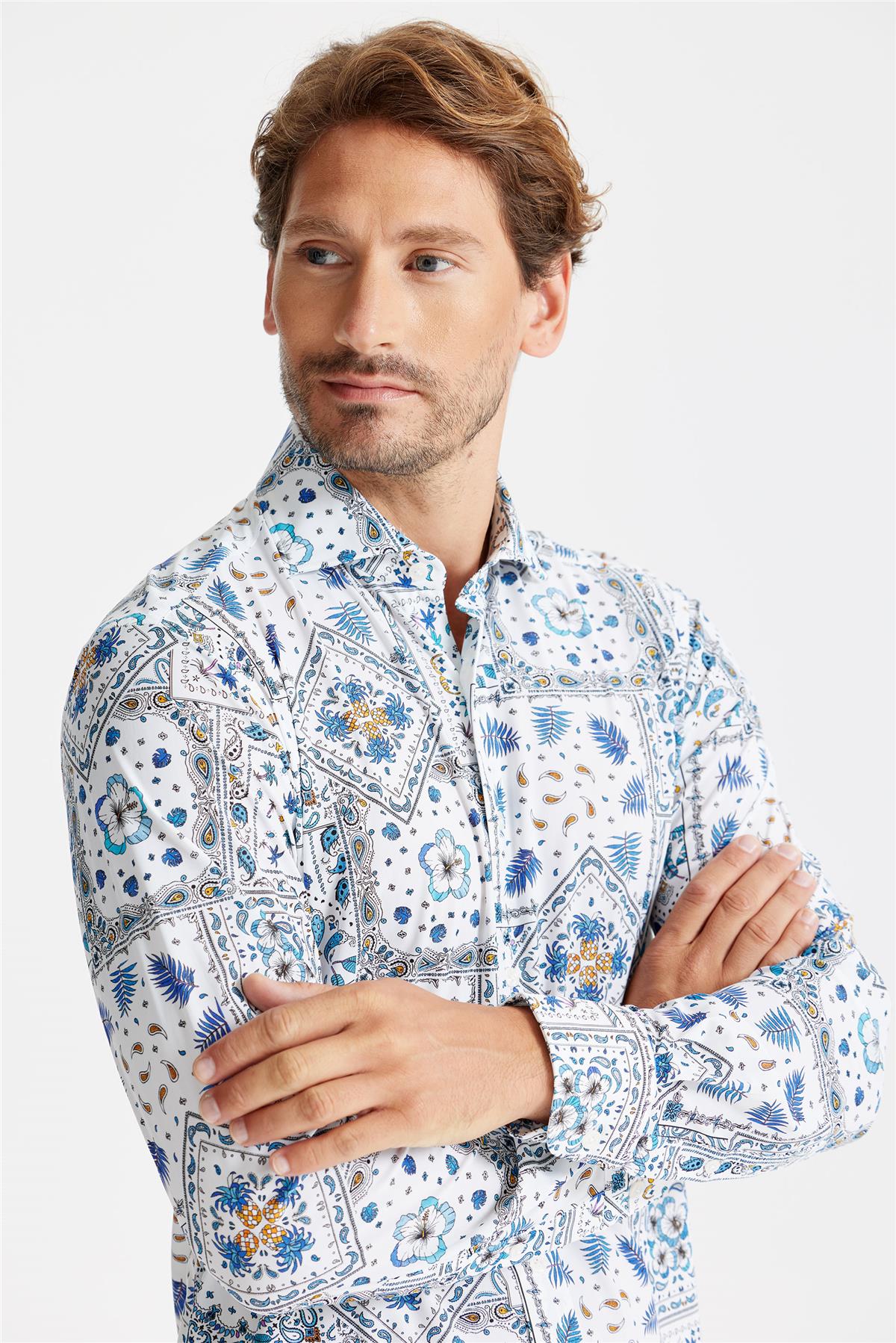 Beyaz Mavi Karma Desen Teknik Kumaş Gömlek