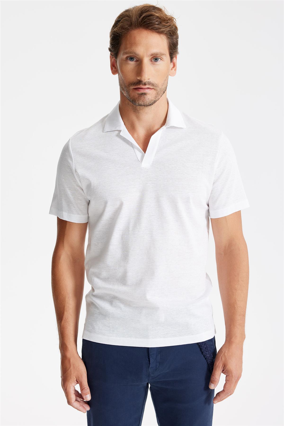 Beyaz Pamuk Keten Polo Yaka T-shirt 