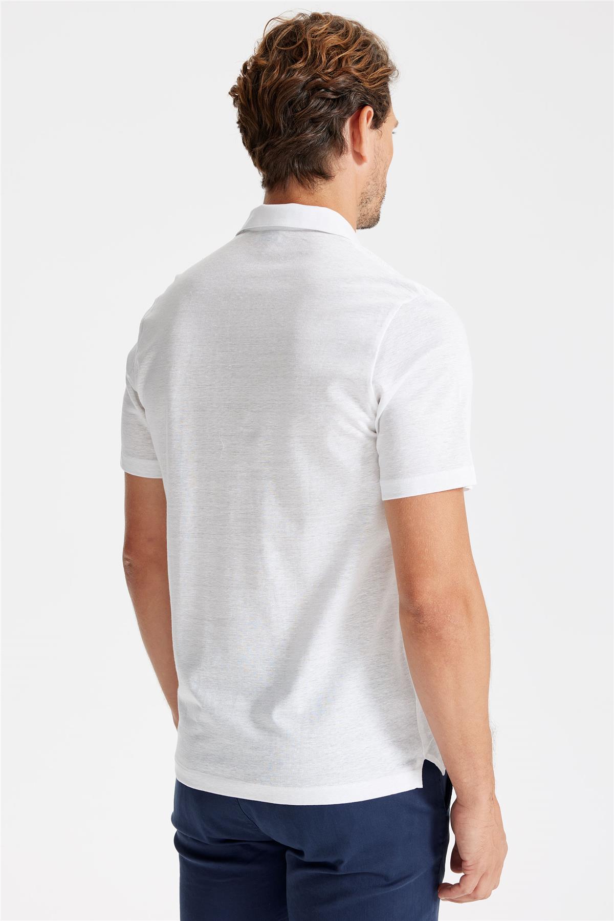 Beyaz Pamuk Keten Polo Yaka T-shirt 