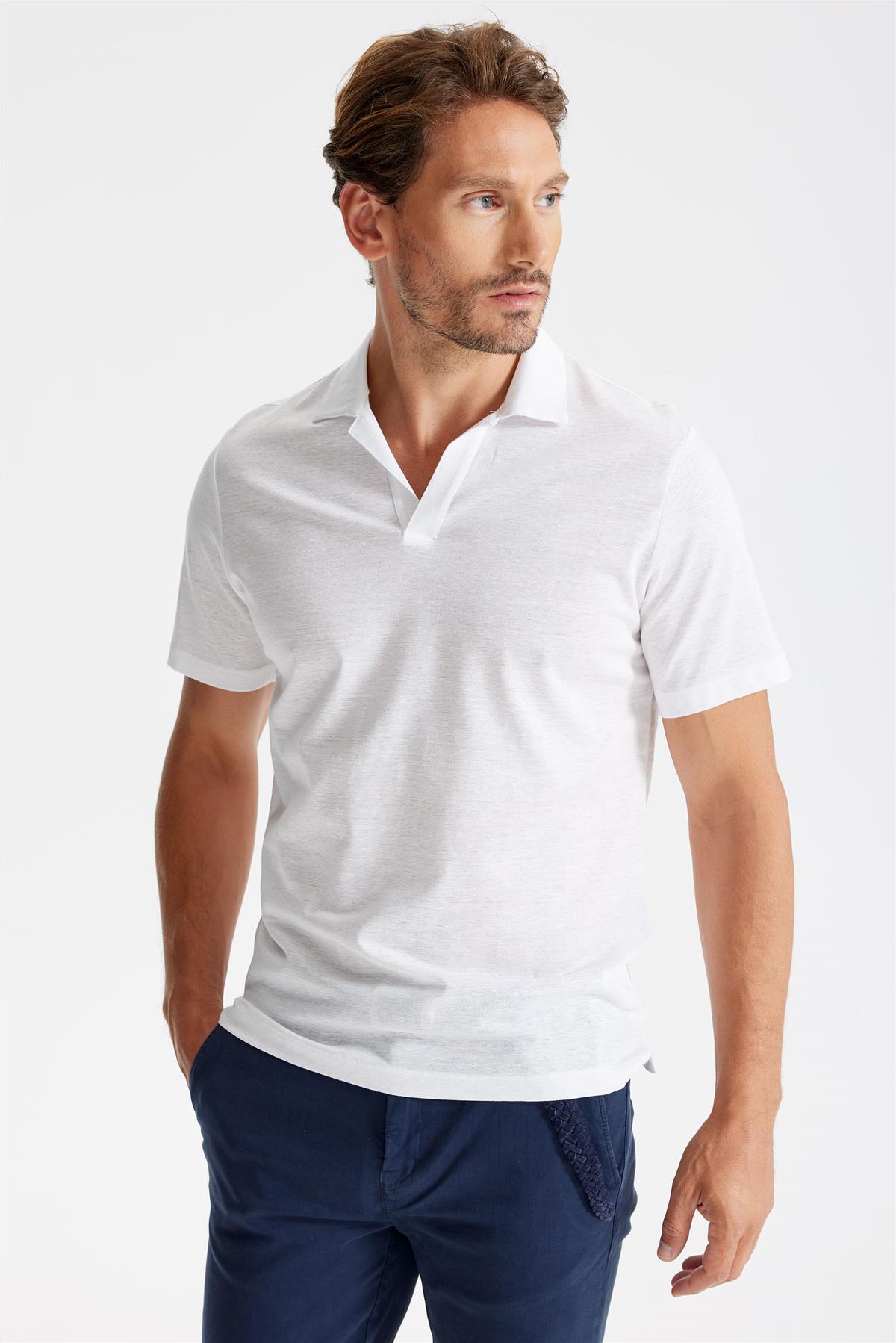 Beyaz Pamuk Keten Polo Yaka T-shirt 