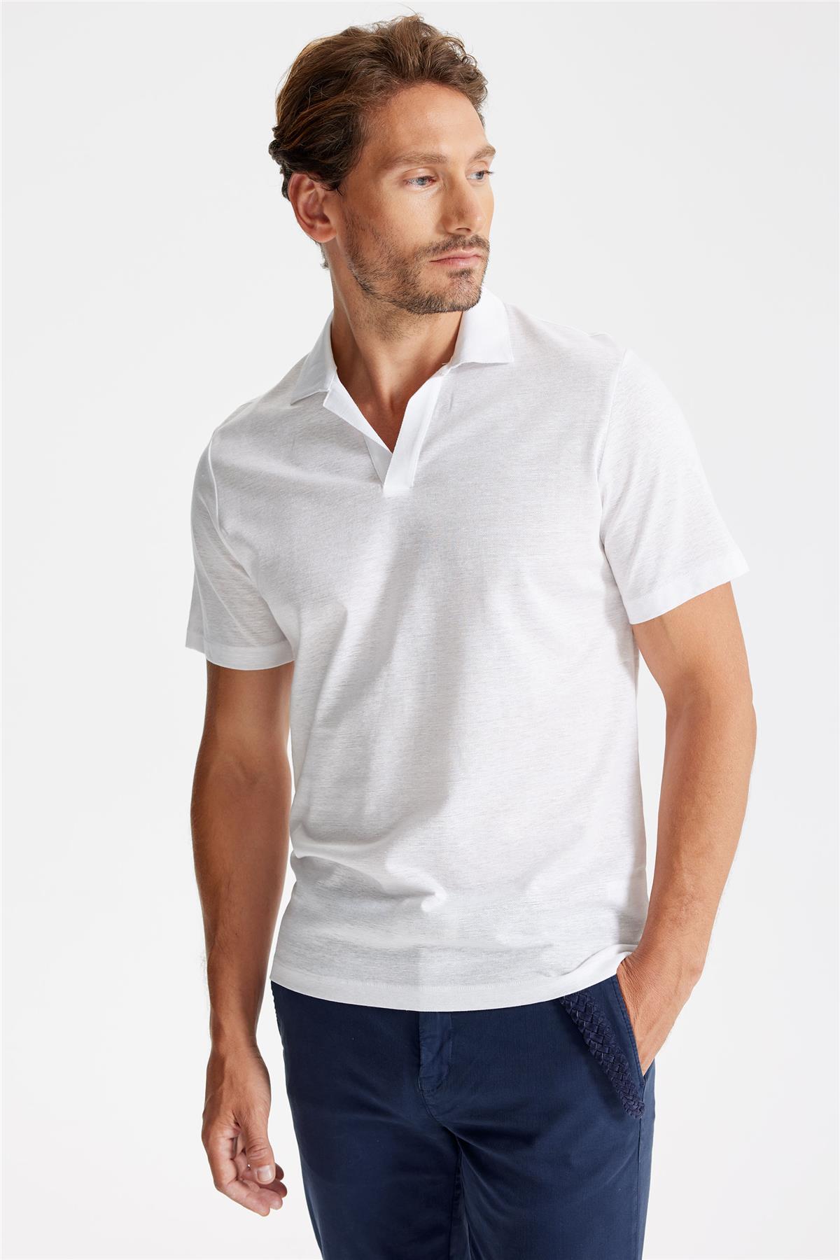 Beyaz Pamuk Keten Polo Yaka T-shirt 