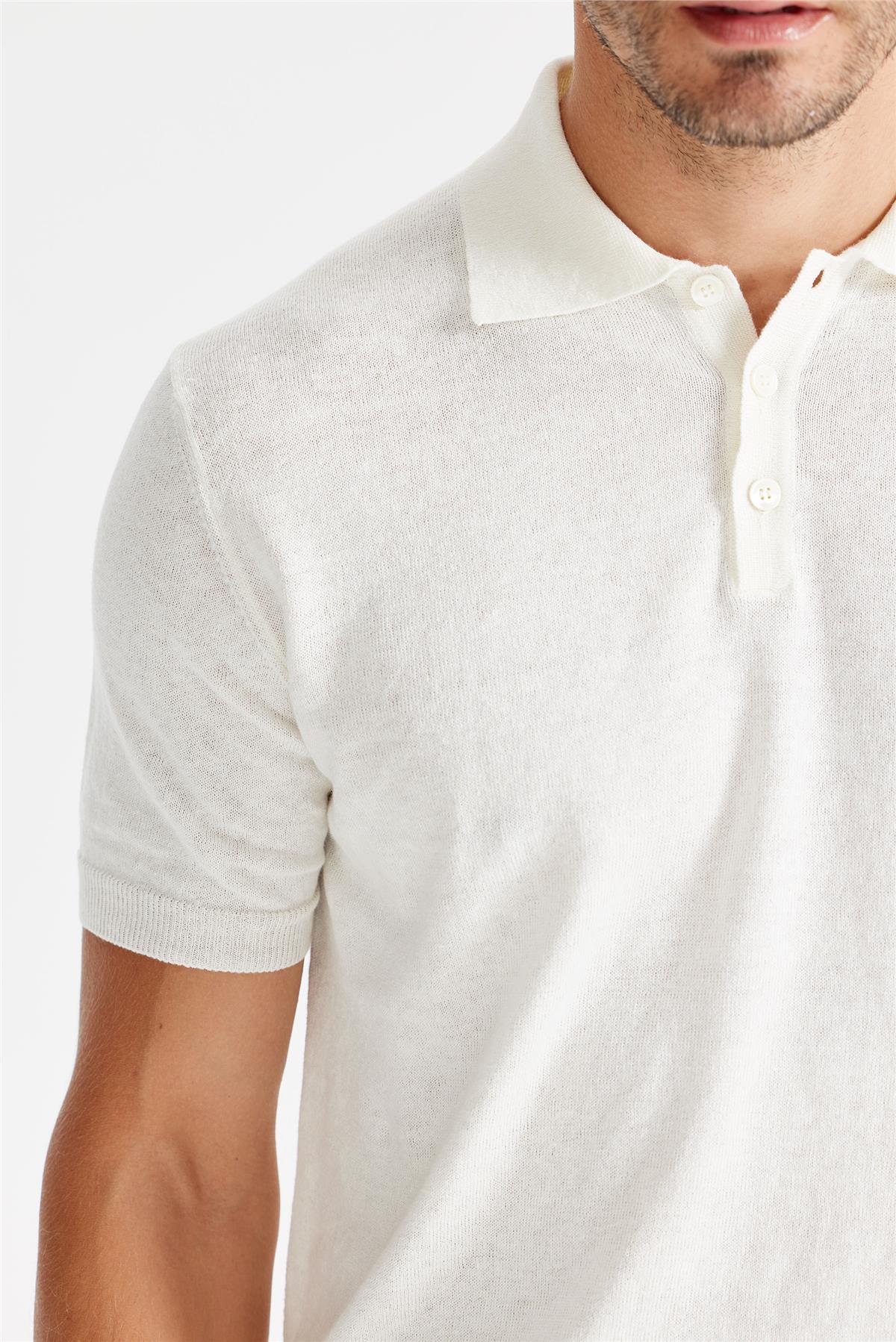Beyaz Polo Yaka Pamuk Keten Triko