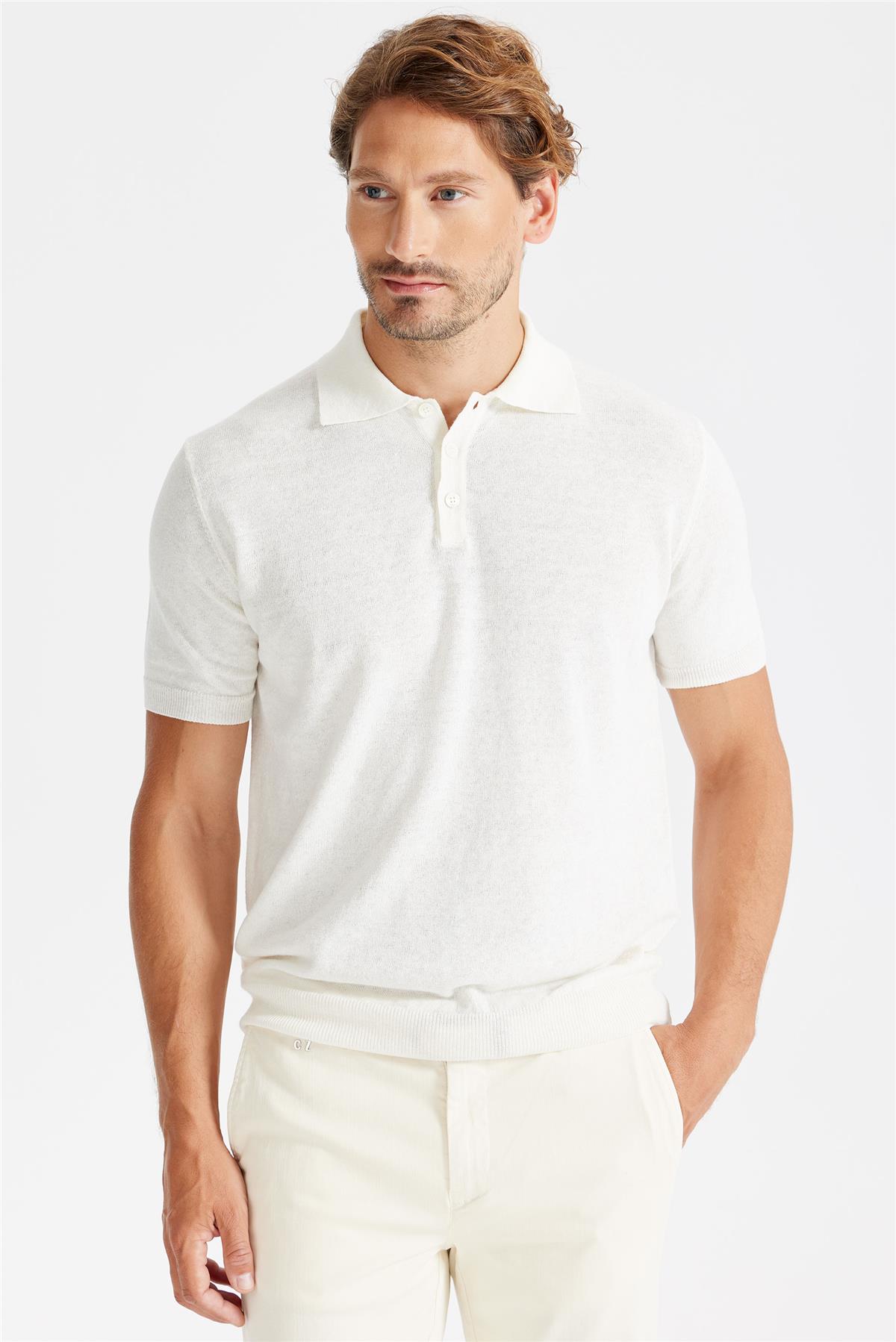 Beyaz Polo Yaka Pamuk Keten Triko