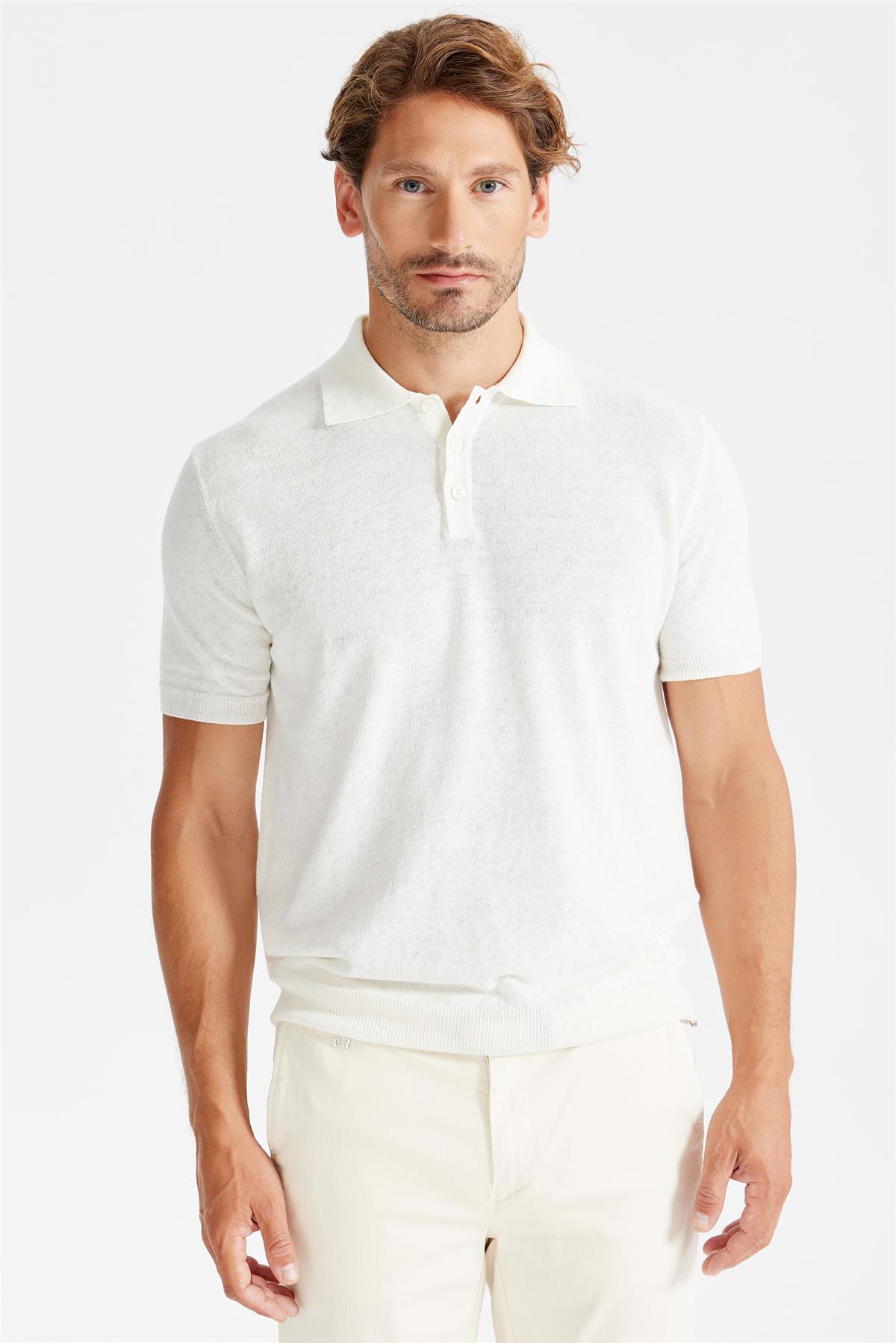 Beyaz Polo Yaka Pamuk Keten Triko