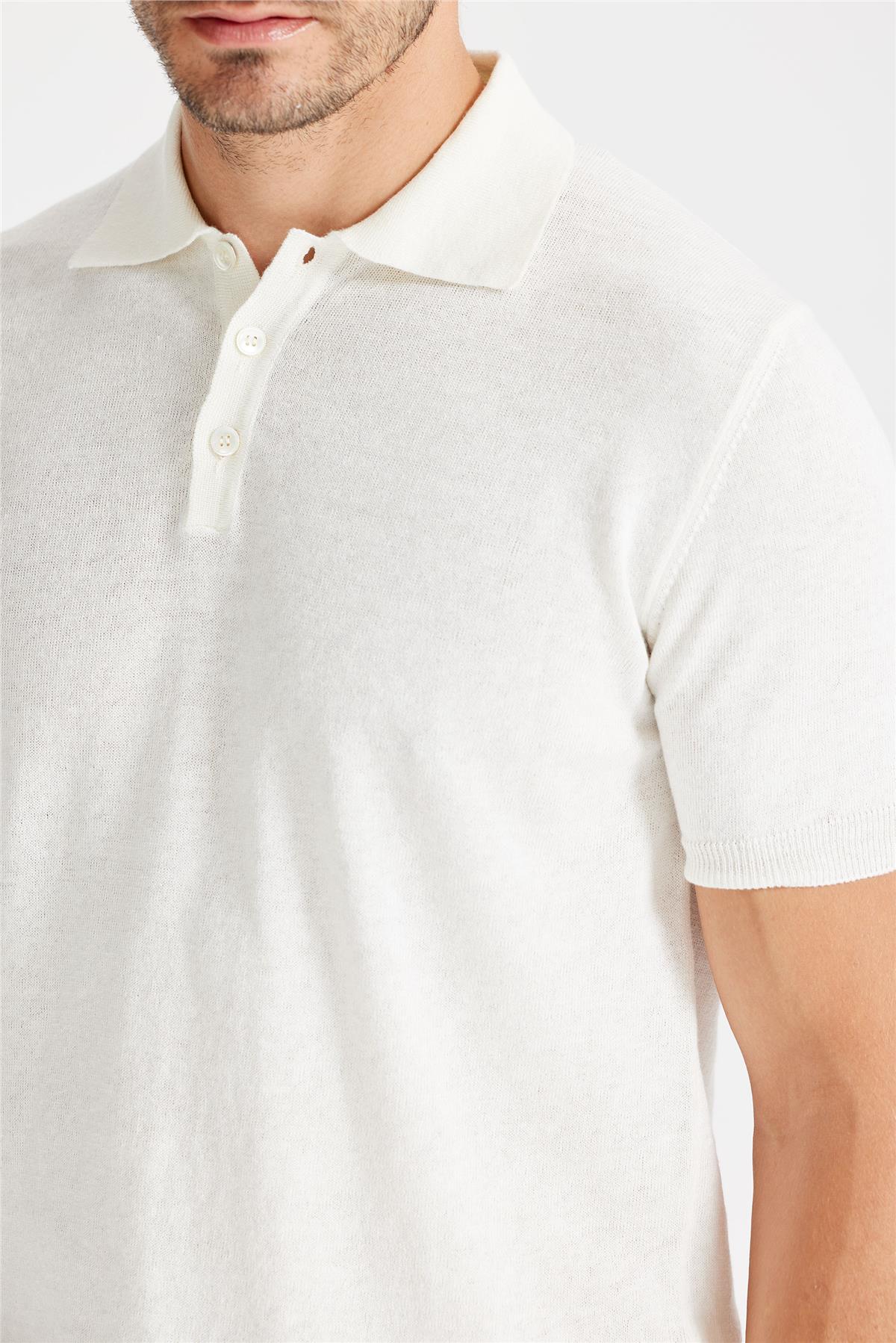 Beyaz Polo Yaka Pamuk Keten Triko
