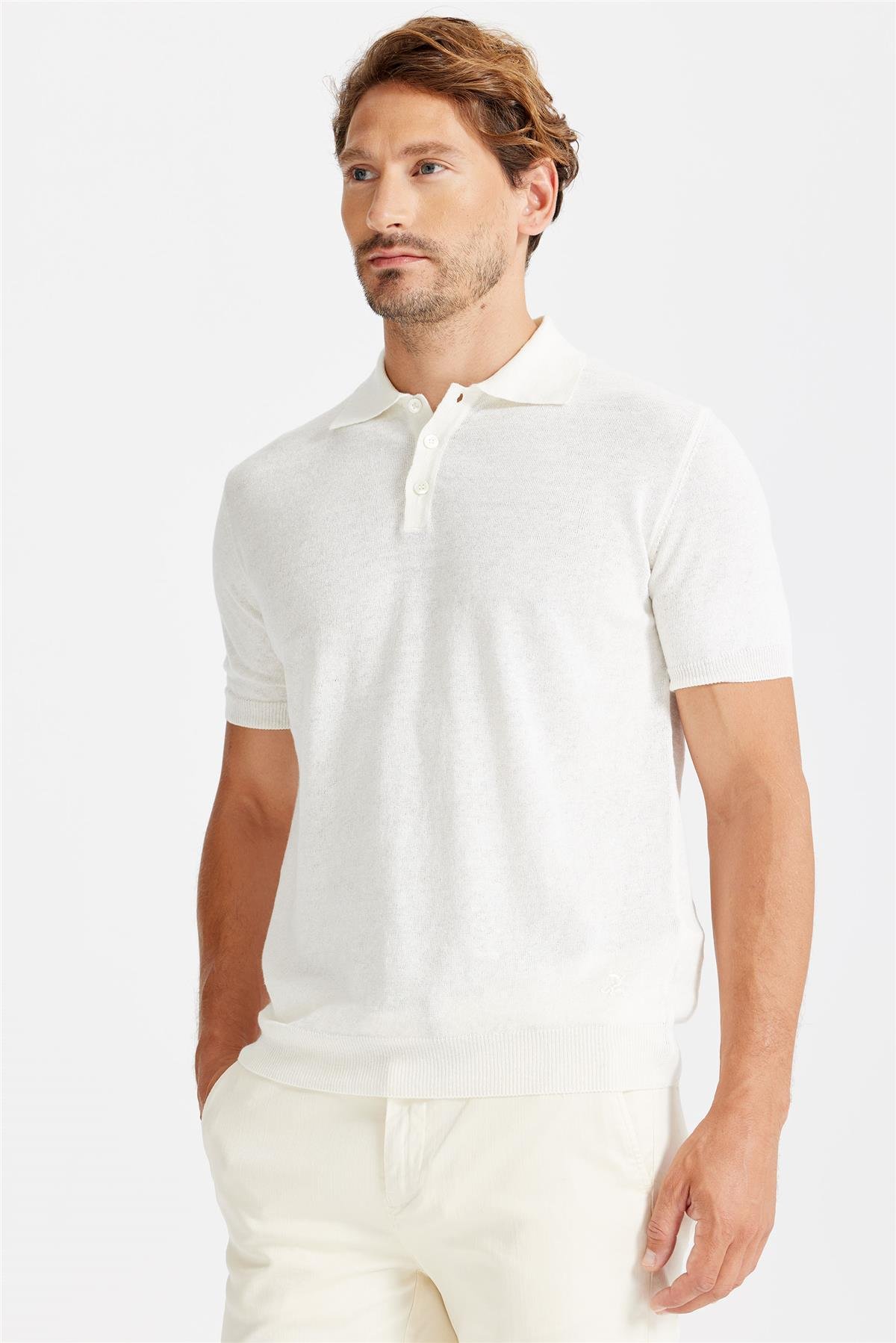 Beyaz Polo Yaka Pamuk Keten Triko