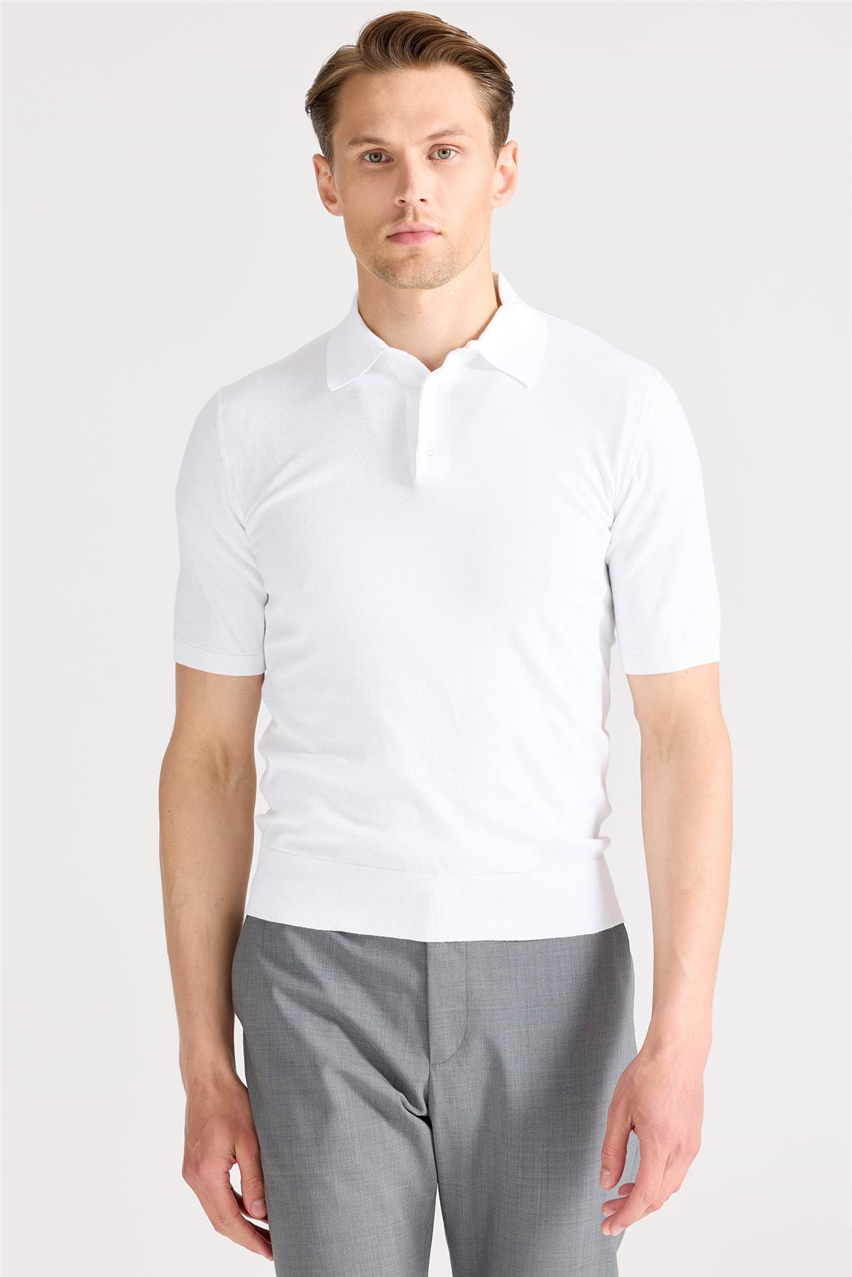 Beyaz Polo Yaka Pamuk Triko