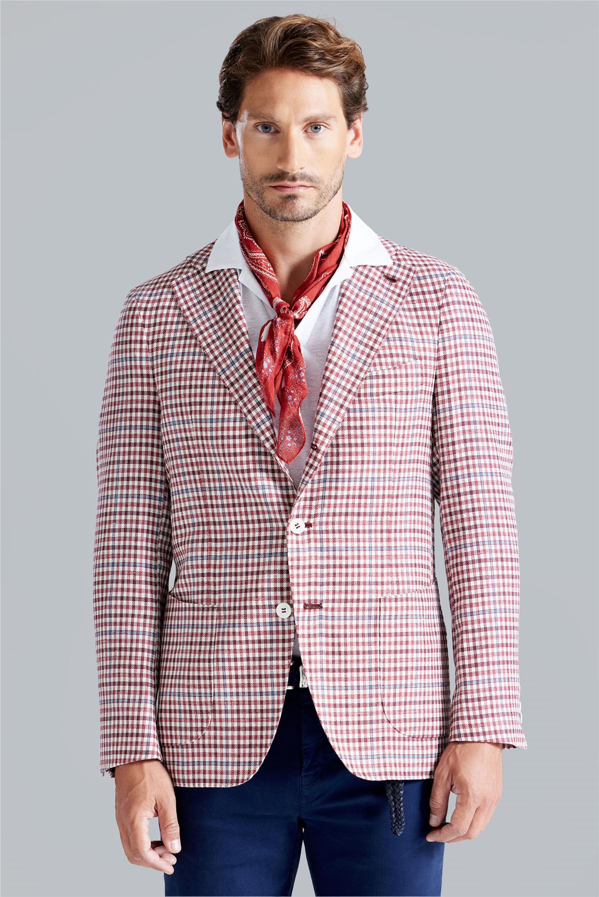 Bordo Ekoseli Yün İpek Ceket