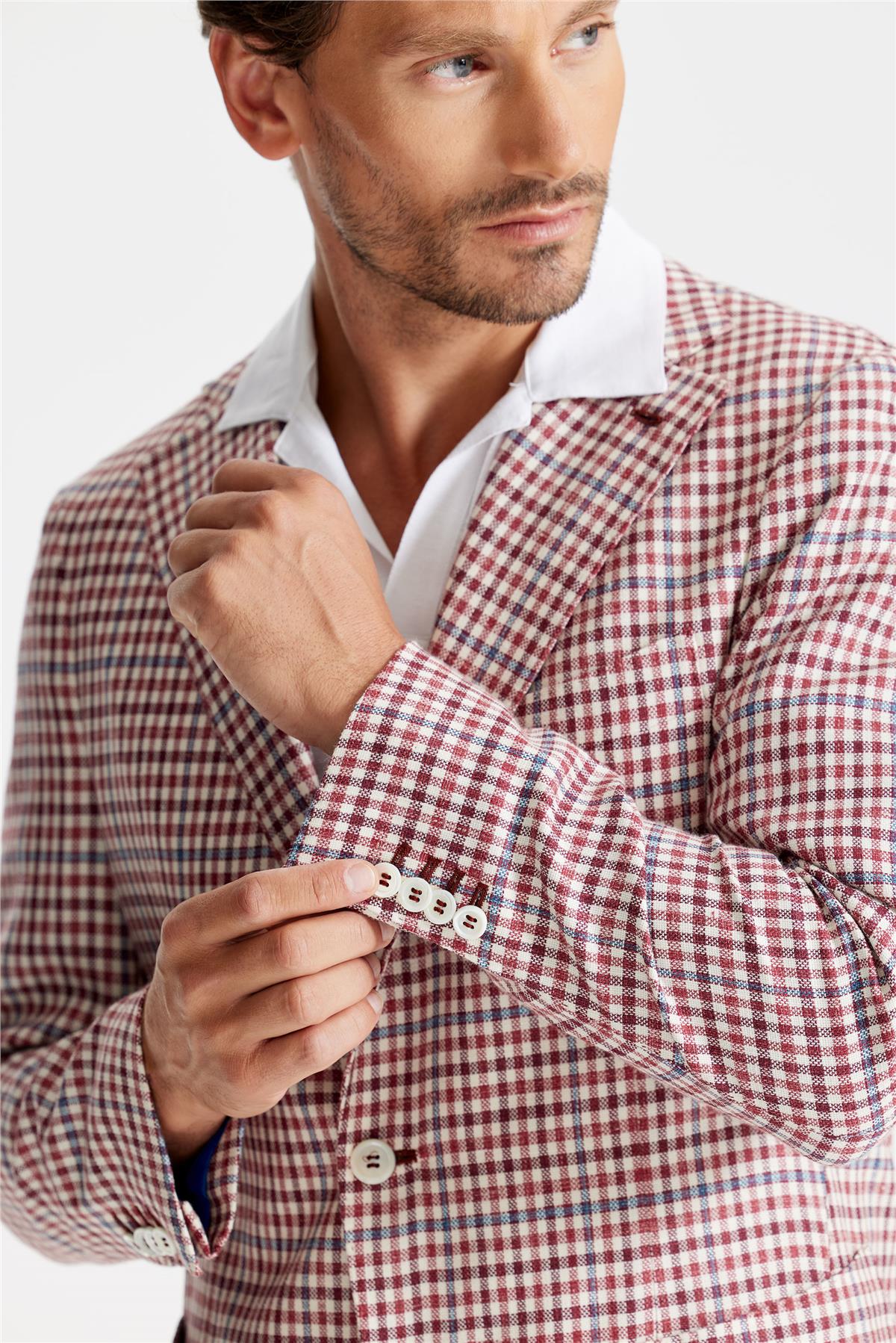 Bordo Ekoseli Yün İpek Ceket