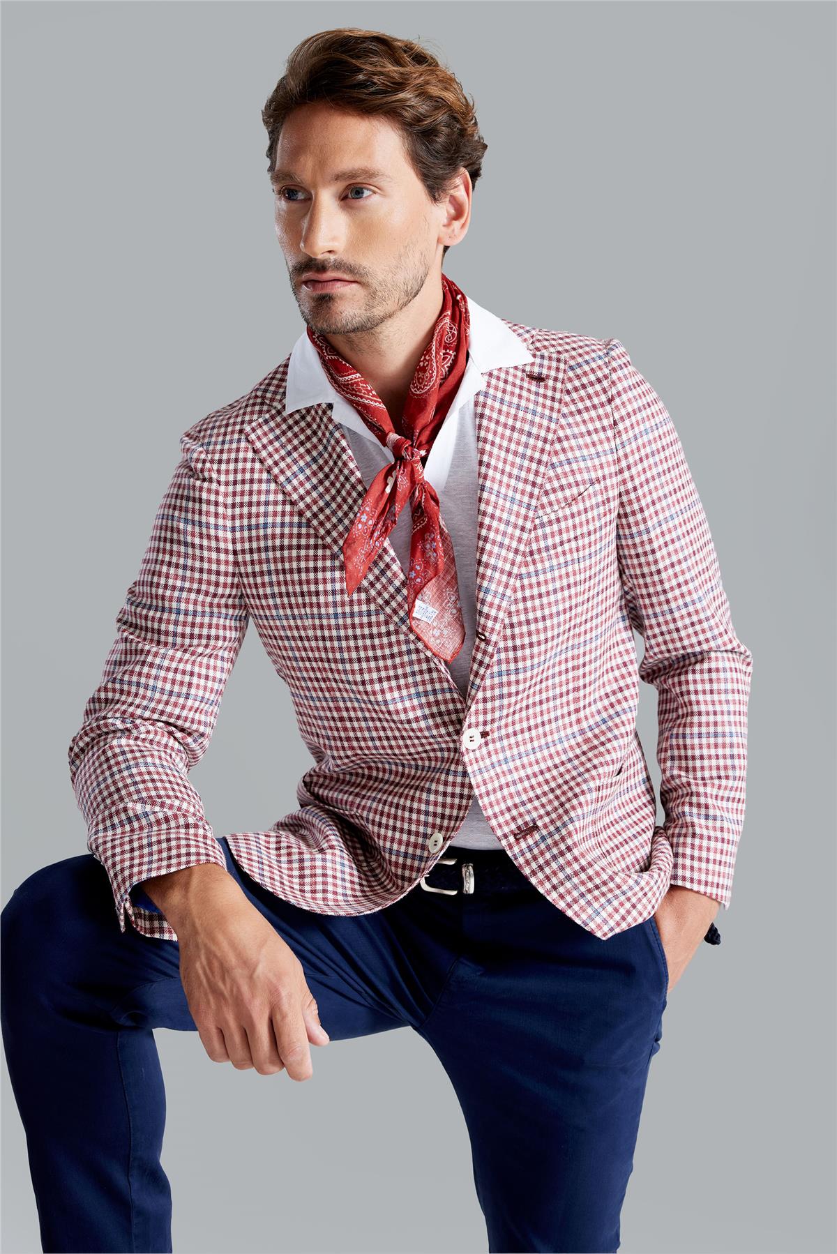 Bordo Ekoseli Yün İpek Ceket