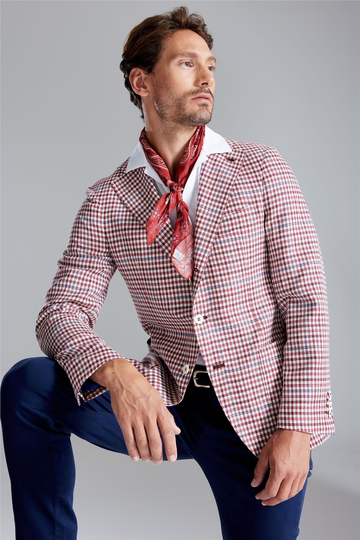 Bordo Ekoseli Yün İpek Ceket