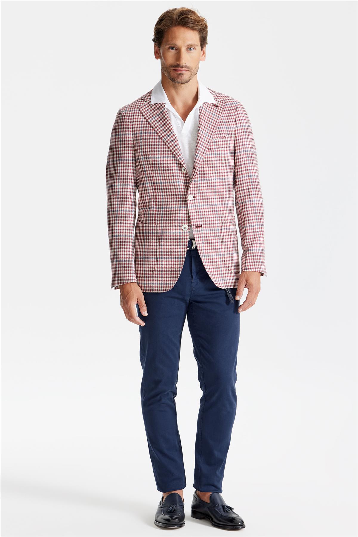 Bordo Ekoseli Yün İpek Ceket