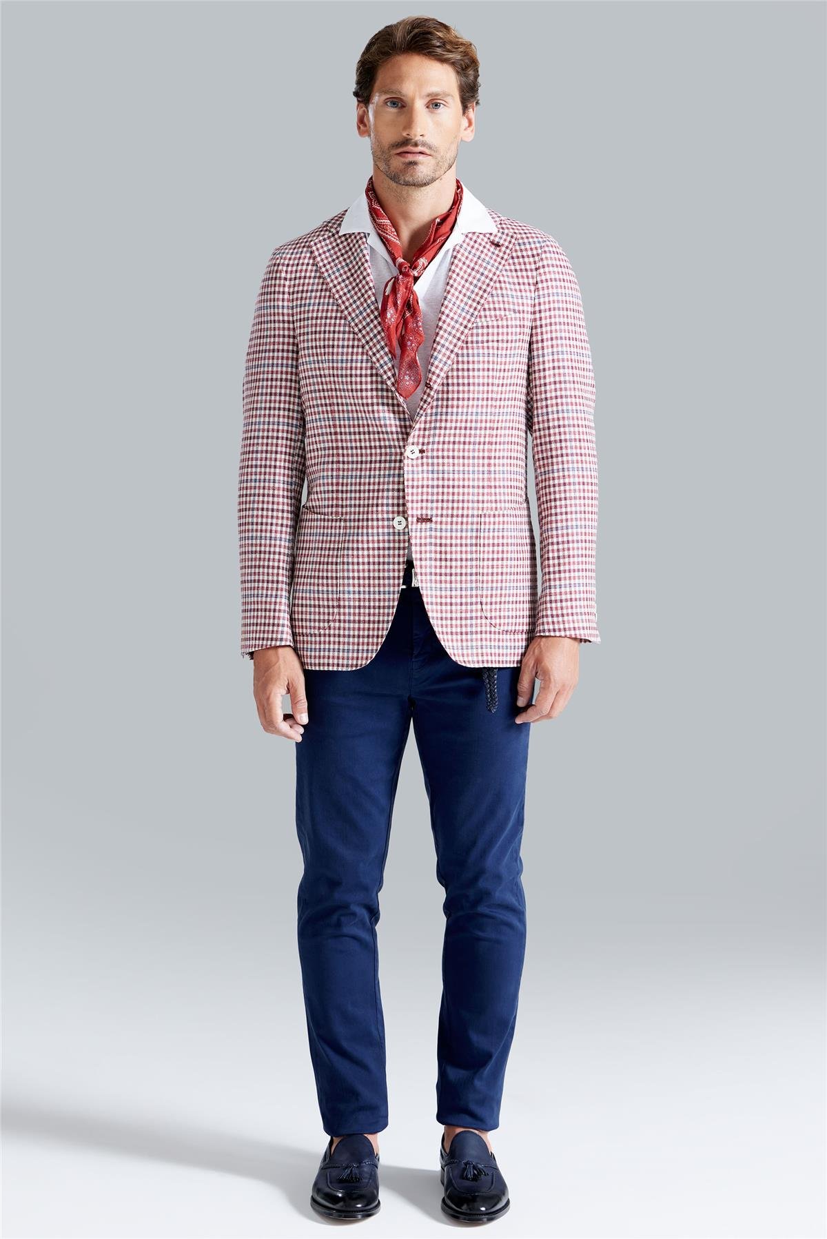 Bordo Ekoseli Yün İpek Ceket