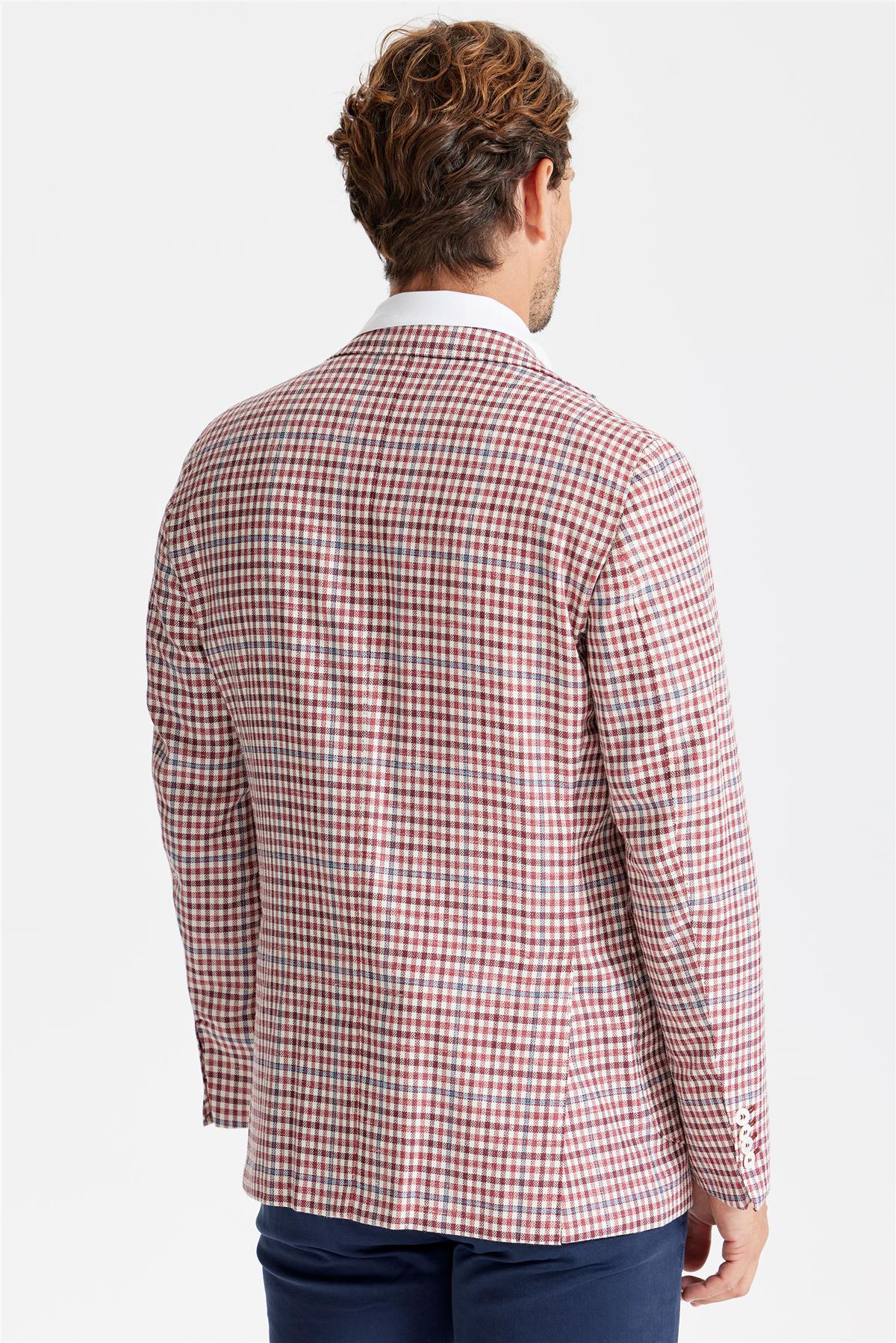 Bordo Ekoseli Yün İpek Ceket