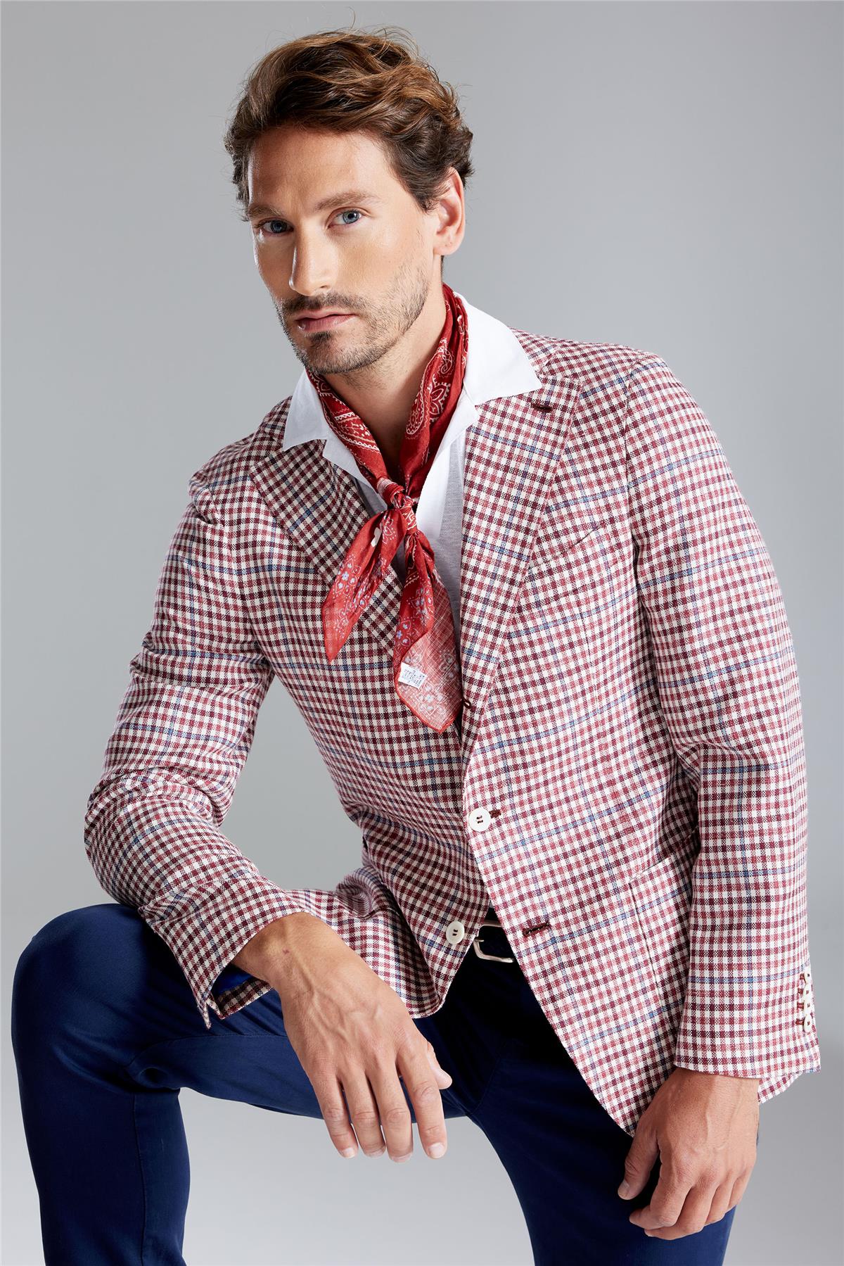 Bordo Ekoseli Yün İpek Ceket