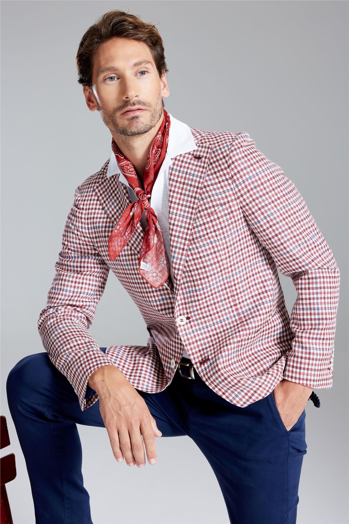 Bordo Ekoseli Yün İpek Ceket