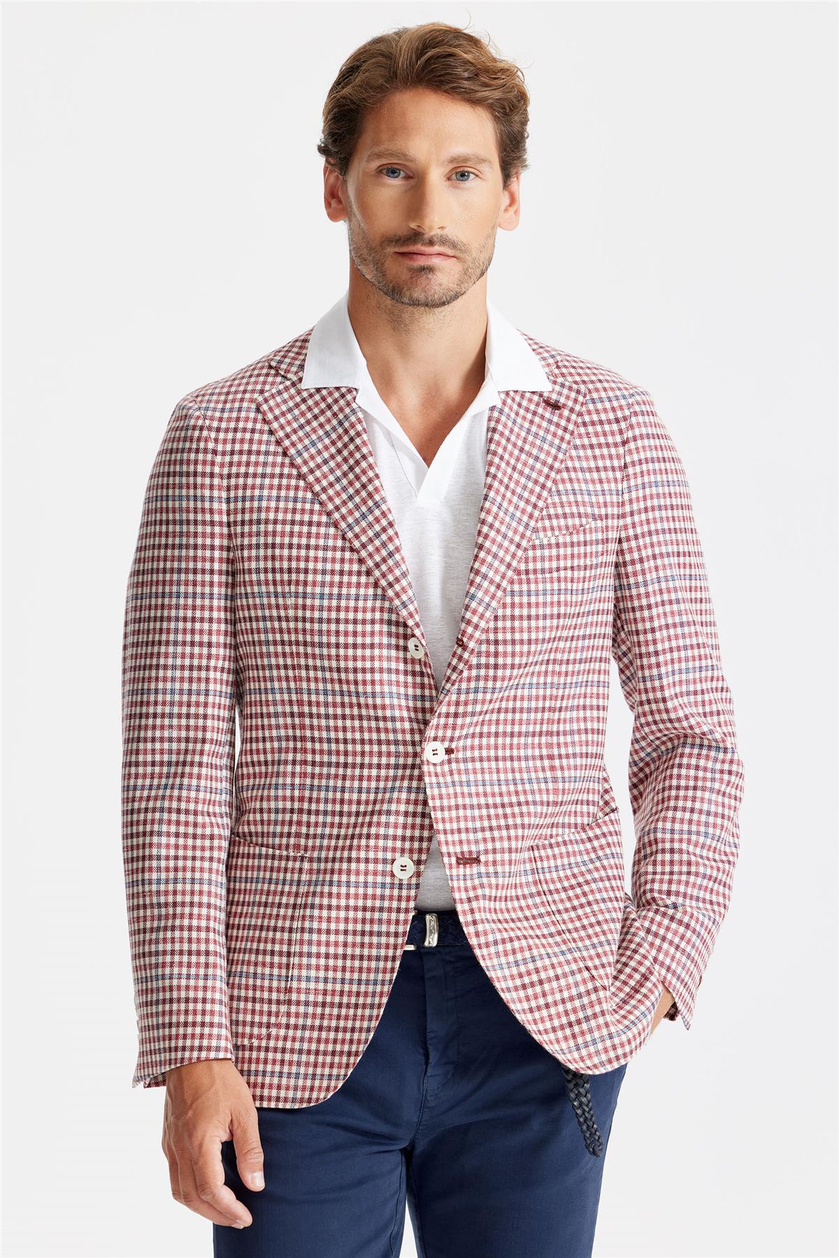 Bordo Ekoseli Yün İpek Ceket