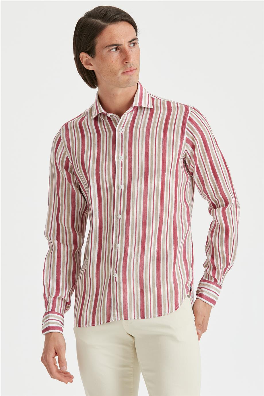 Bordo Haki Çizgili Keten Gömlek