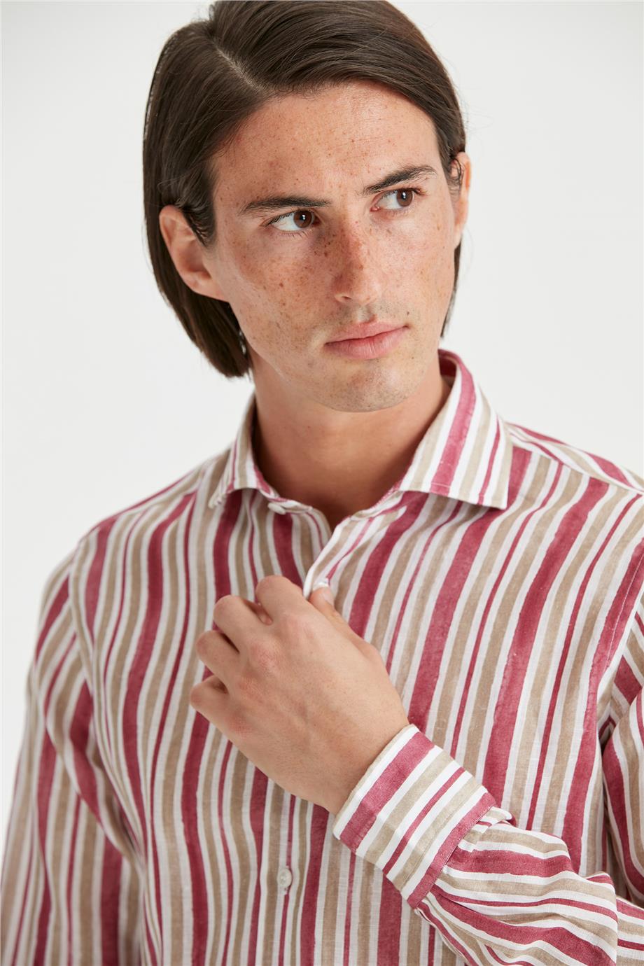 Bordo Haki Çizgili Keten Gömlek