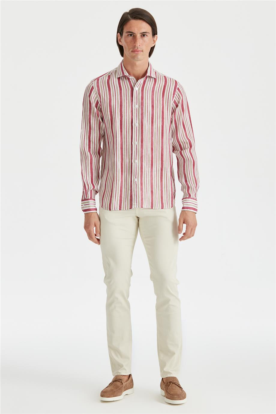 Bordo Haki Çizgili Keten Gömlek