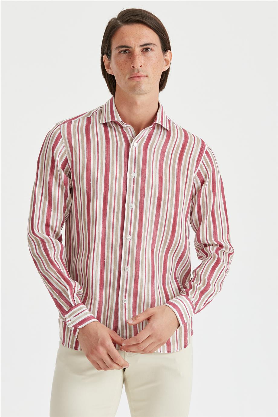 Bordo Haki Çizgili Keten Gömlek