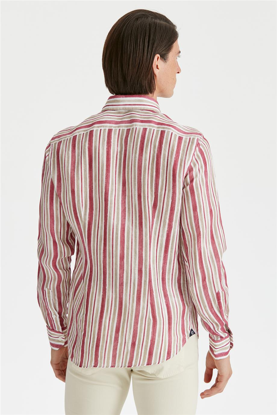 Bordo Haki Çizgili Keten Gömlek