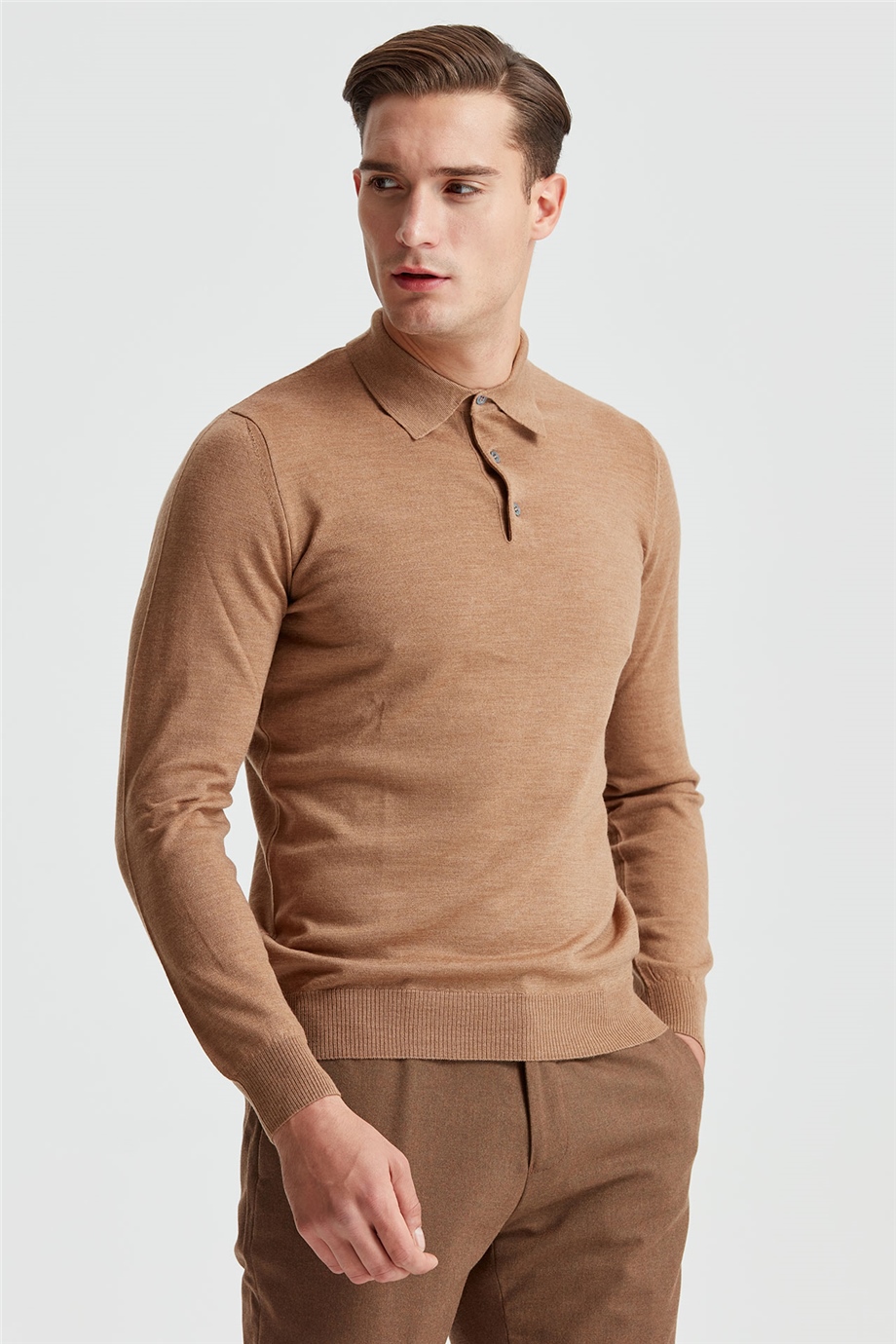 Camel Renk Polo Yaka Yün Triko