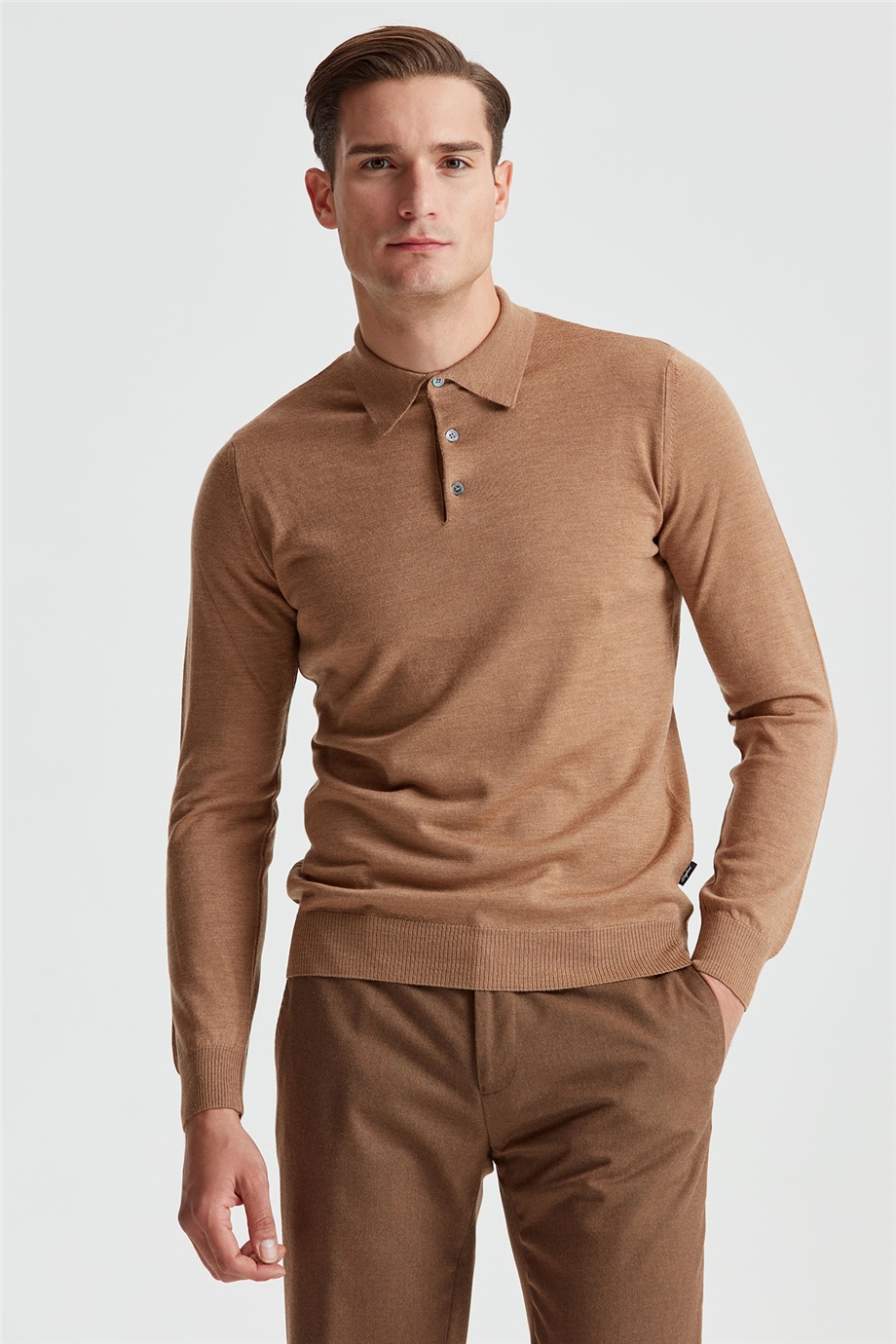 Camel Renk Polo Yaka Yün Triko