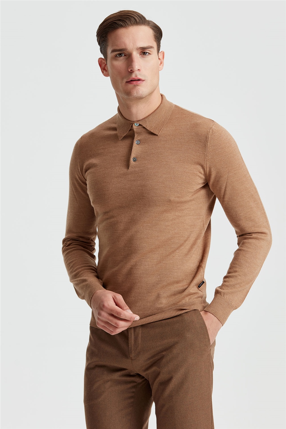 Camel Renk Polo Yaka Yün Triko