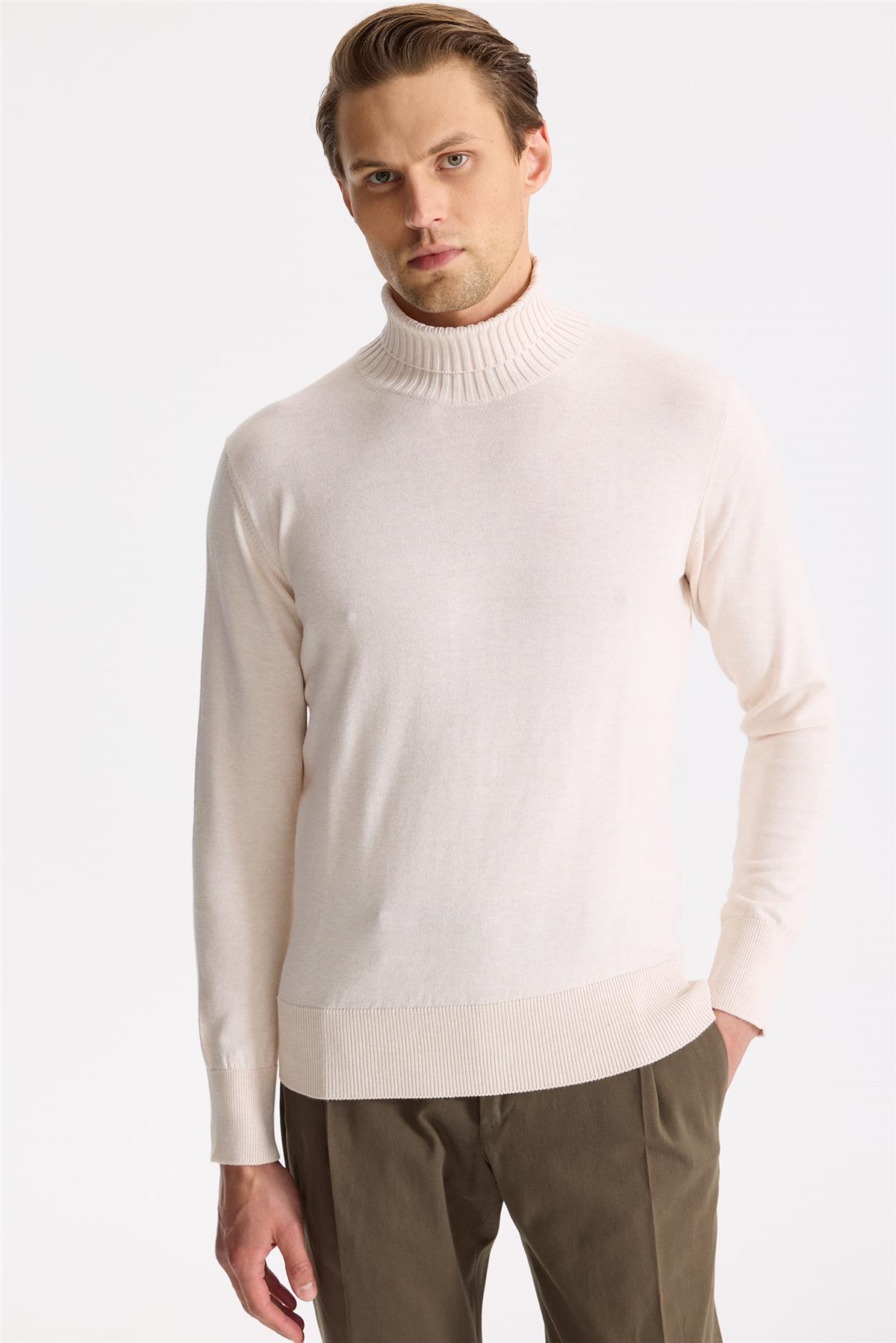 Ekru Balıkçı Yaka Pamuk Triko