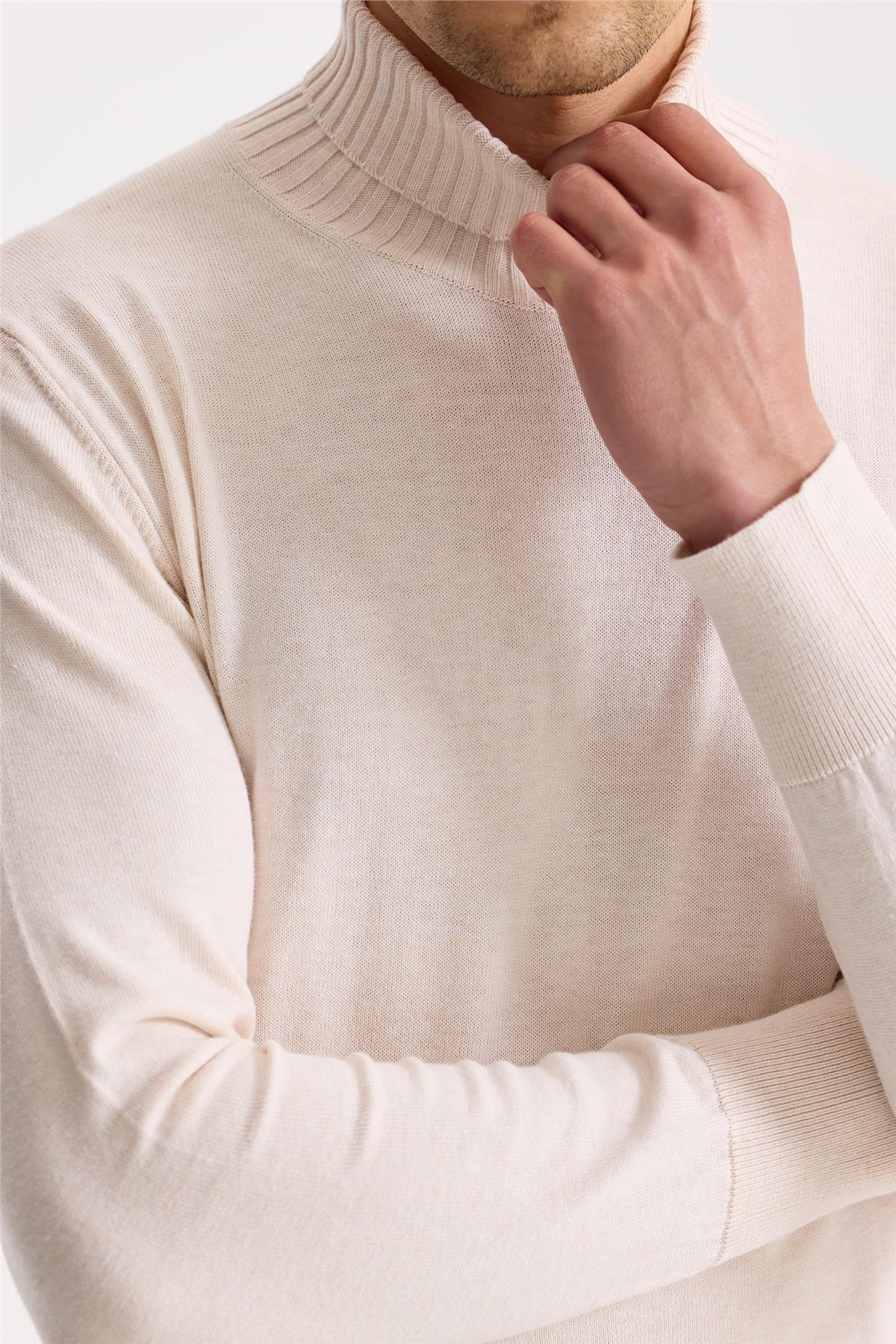 Ekru Balıkçı Yaka Pamuk Triko