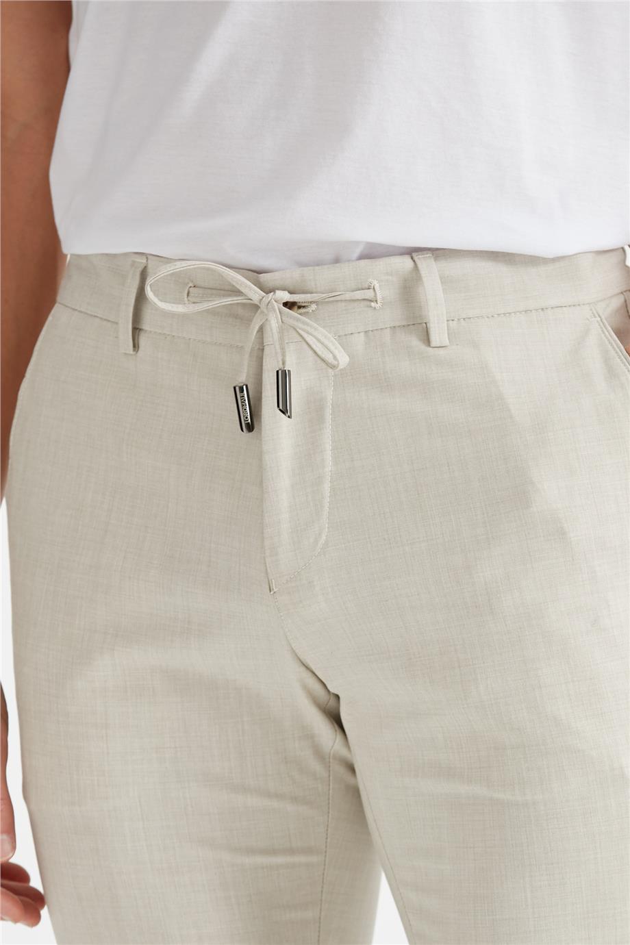 Ekru Beli Bağcıklı Erkek Pantolon