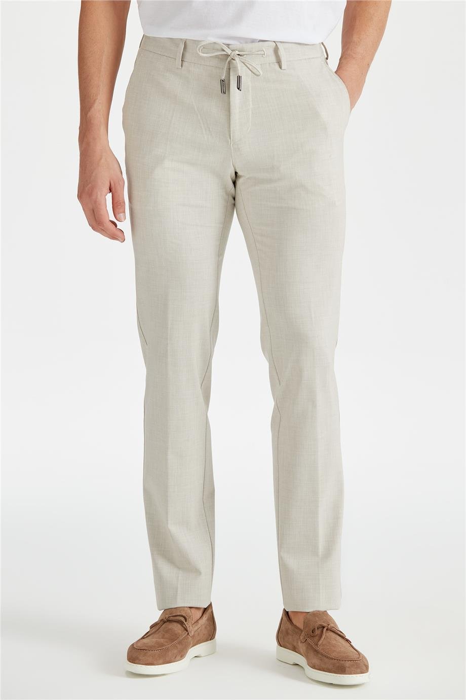 Ekru Beli Bağcıklı Erkek Pantolon