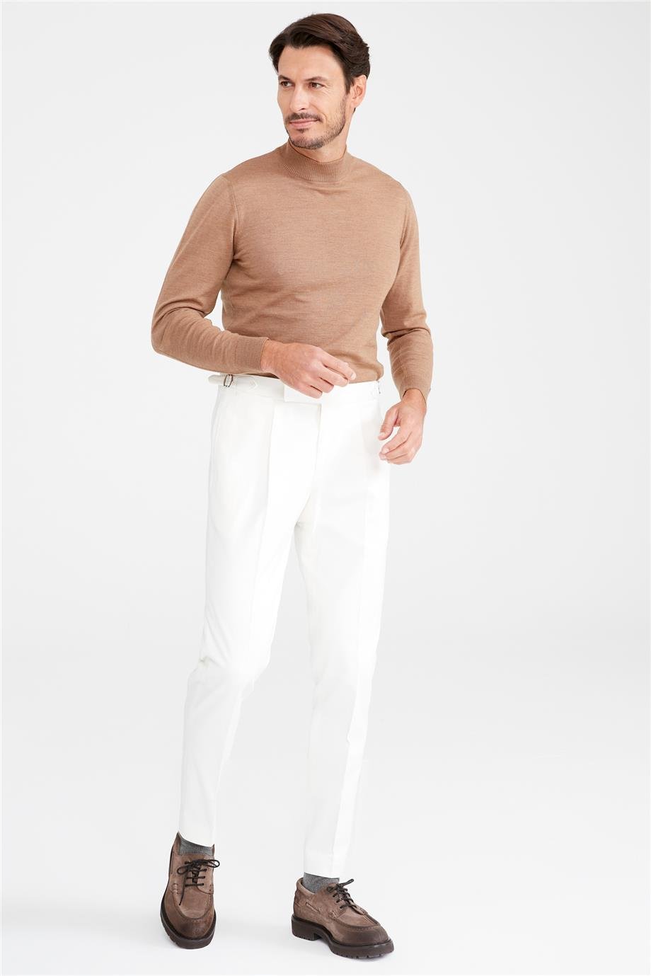 Ekru Kemersiz Pileli Pamuk Pantolon