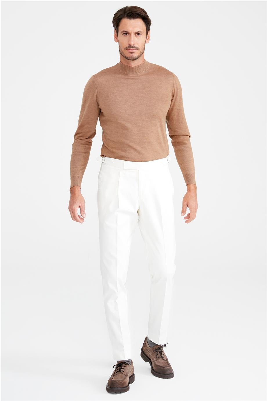 Ekru Kemersiz Pileli Pamuk Pantolon