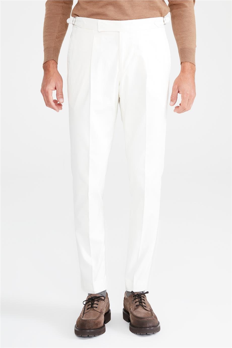 Ekru Kemersiz Pileli Pamuk Pantolon