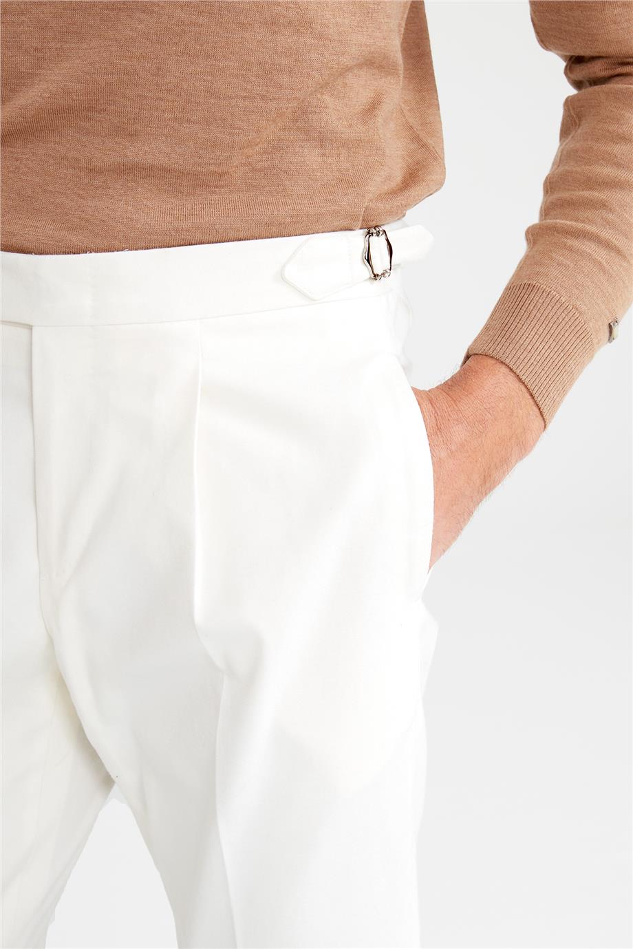 Ekru Kemersiz Pileli Pamuk Pantolon