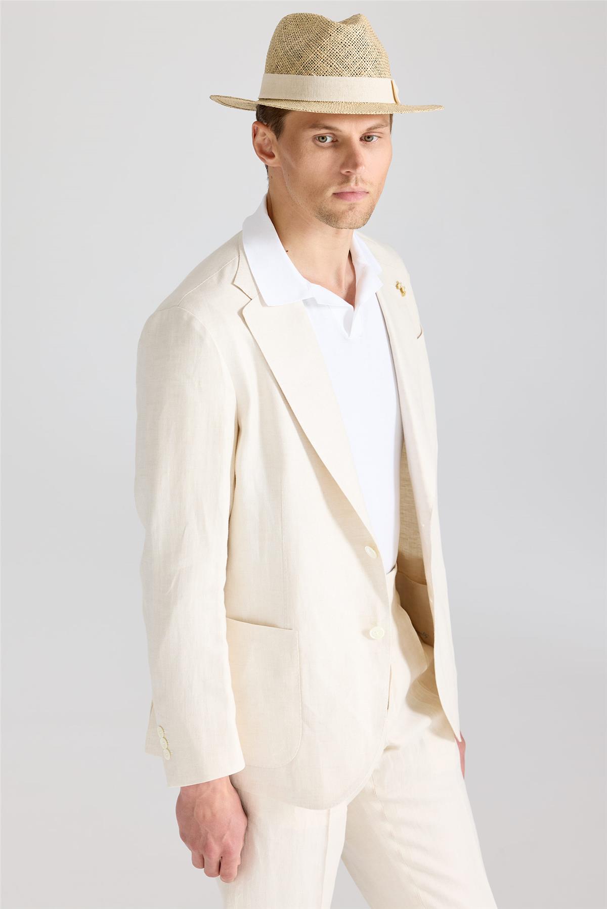 Ekru Keten Takım Elbise