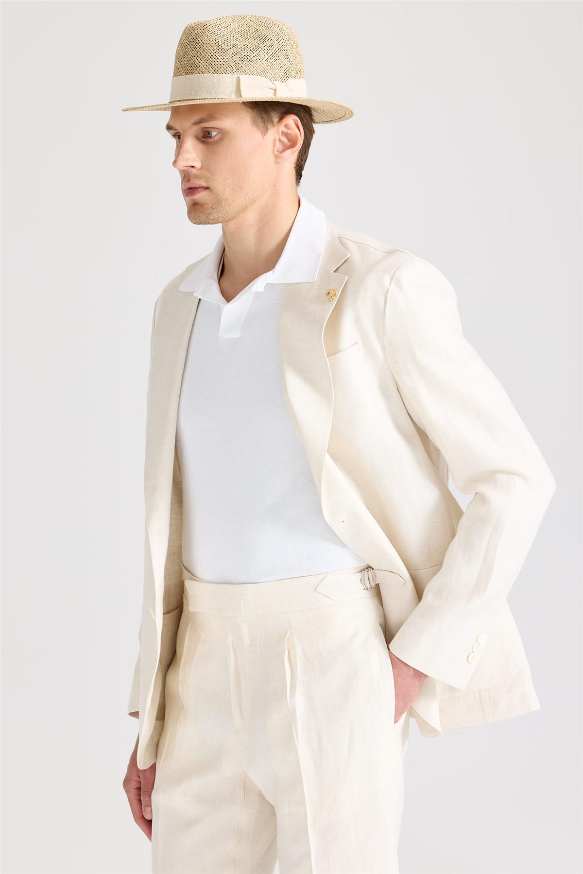 Ekru Keten Takım Elbise