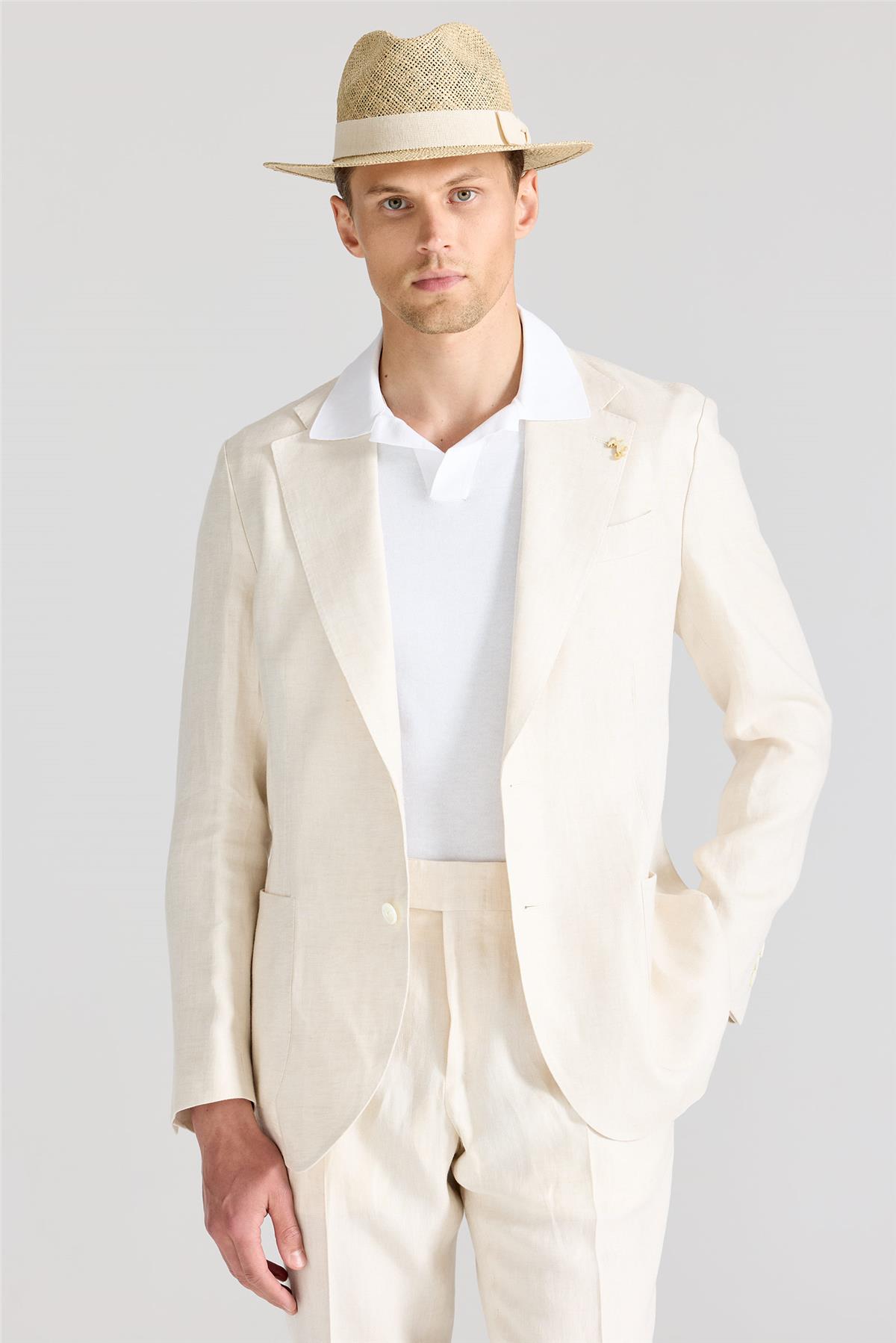 Ekru Keten Takım Elbise