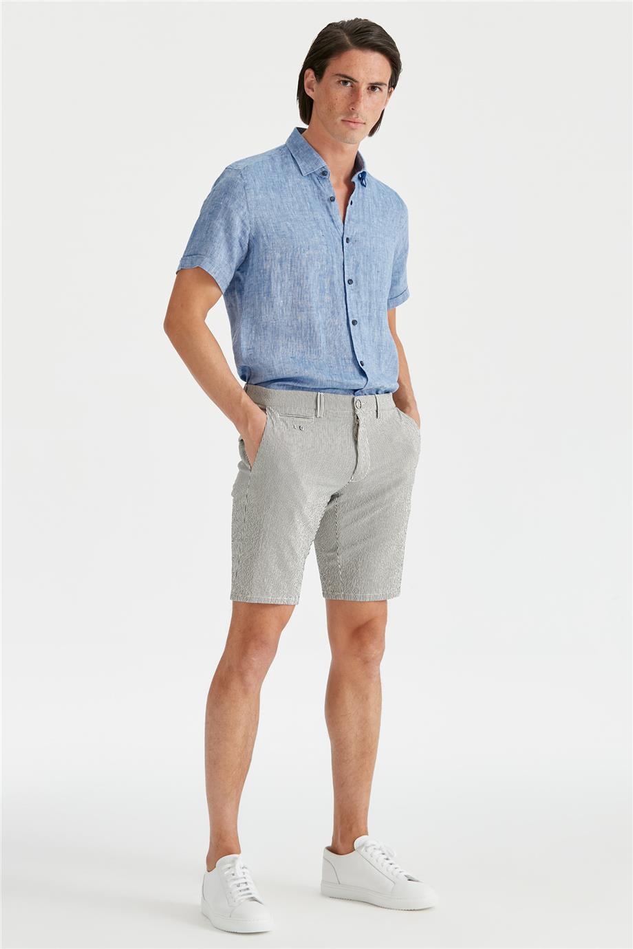 Ekru Lacivert Çizgili Pamuk Şort