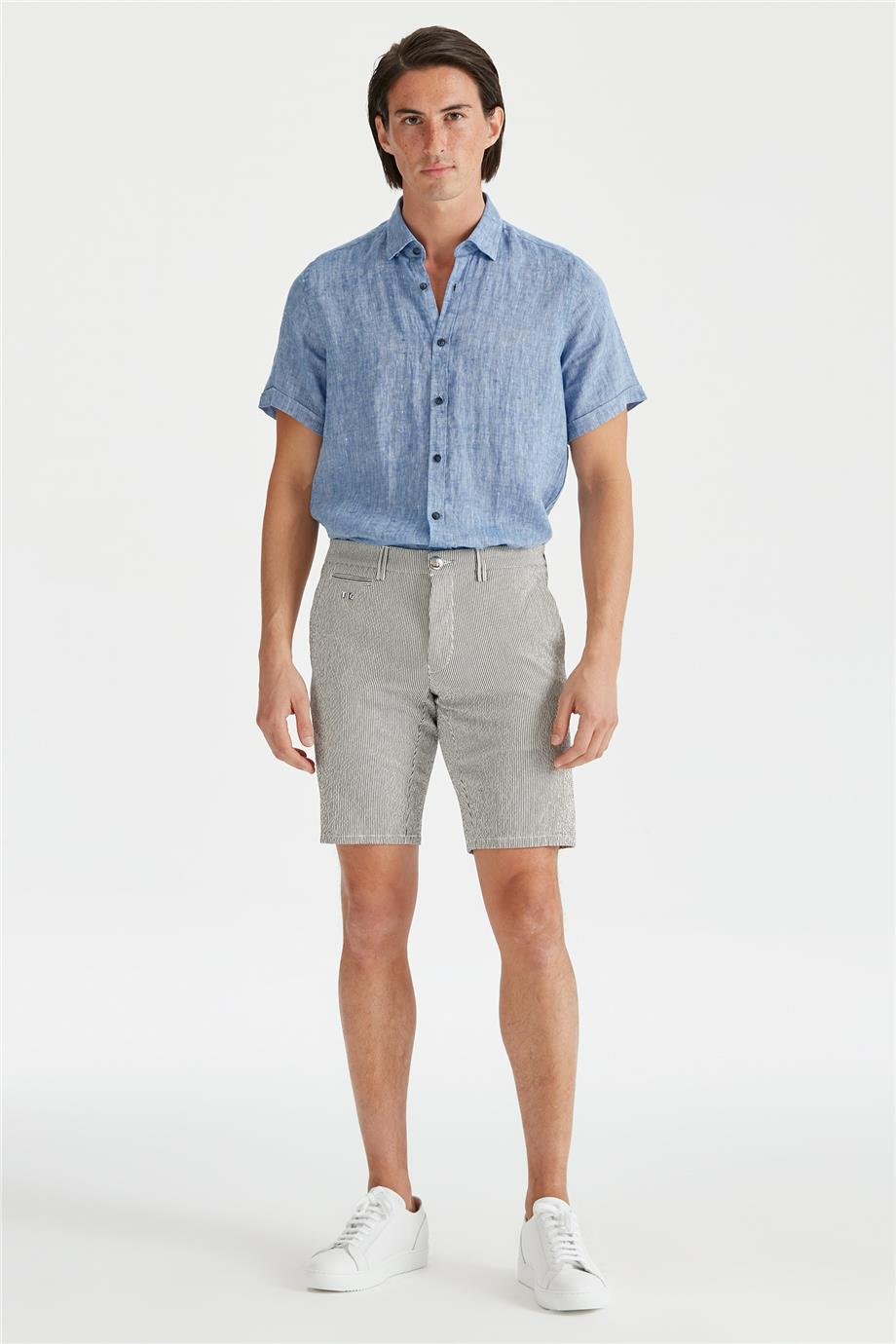 Ekru Lacivert Çizgili Pamuk Şort