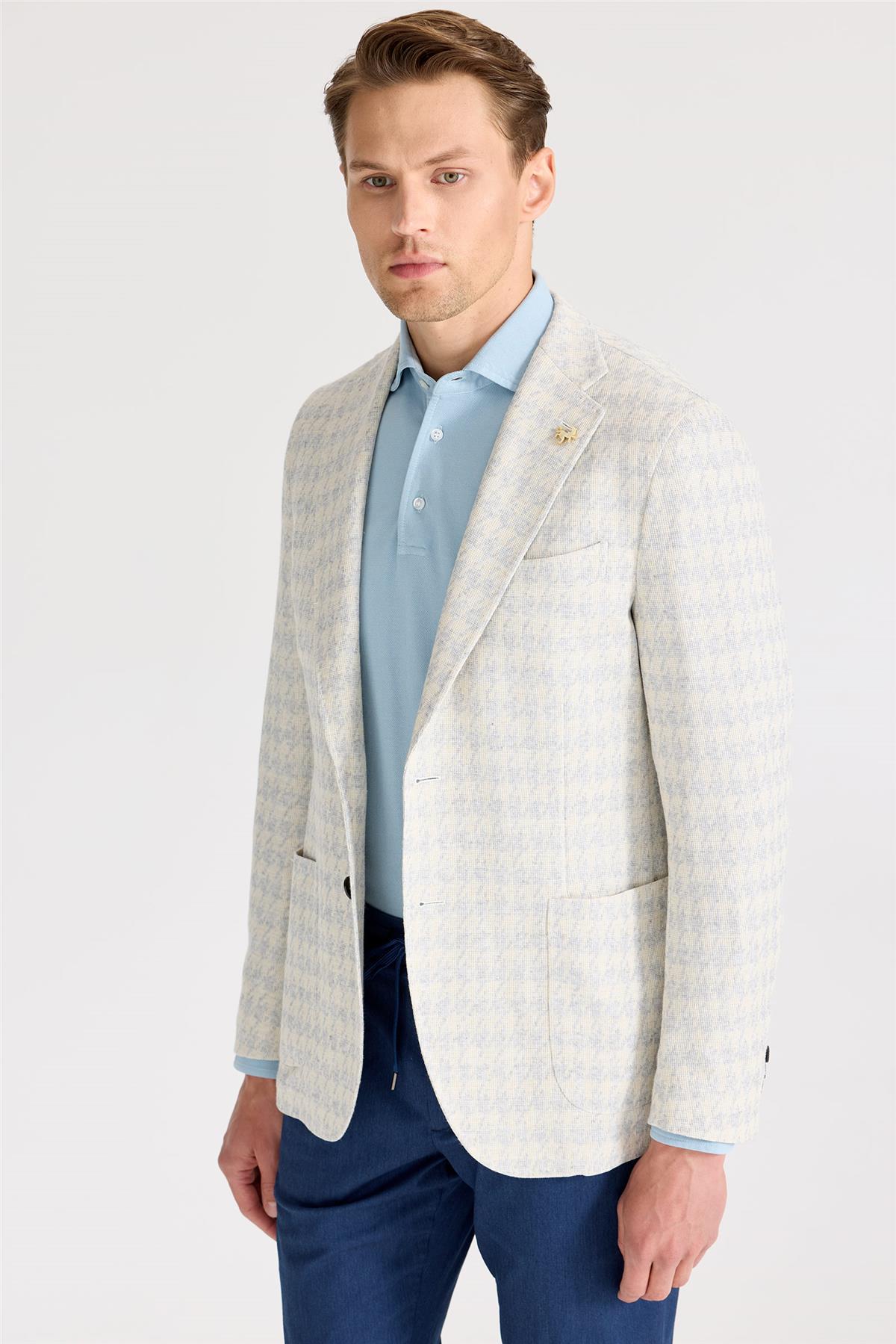 Ekru Mavi Desenli Pamuk Keten Ceket