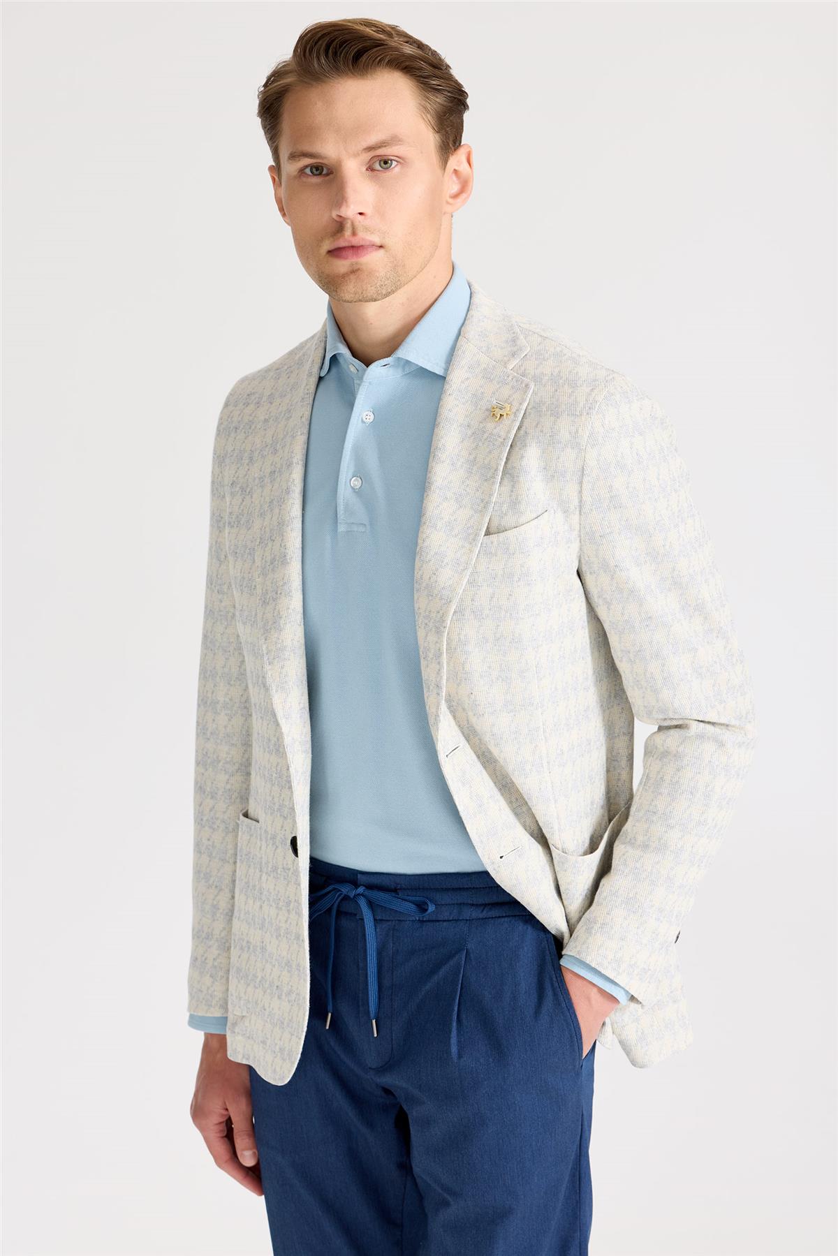 Ekru Mavi Desenli Pamuk Keten Ceket