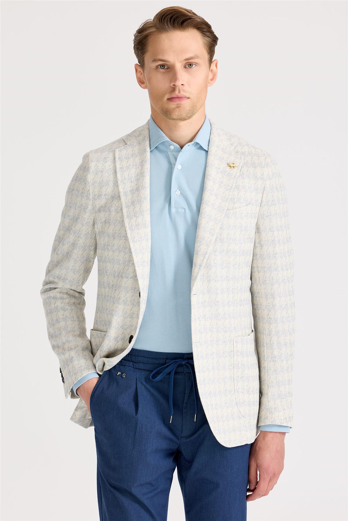 Ekru Mavi Desenli Pamuk Keten Ceket