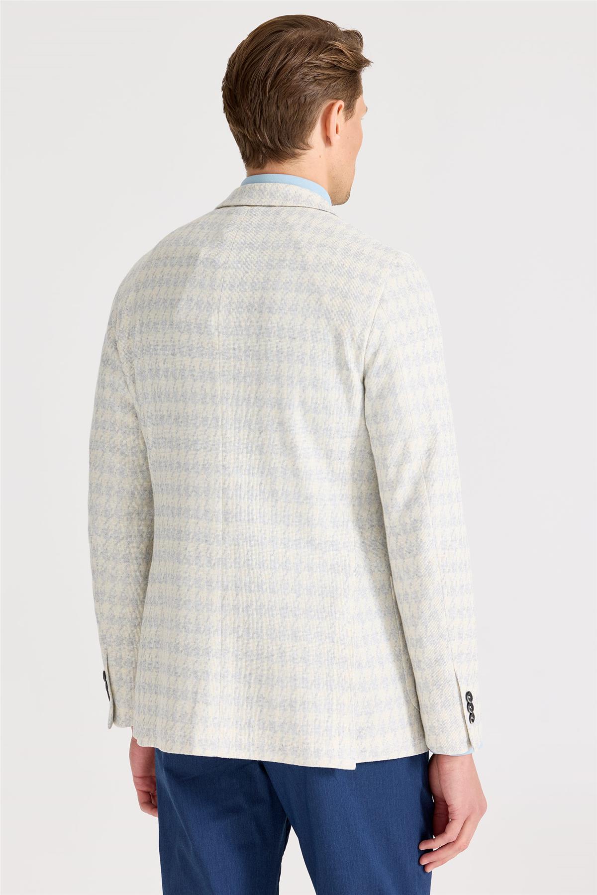 Ekru Mavi Desenli Pamuk Keten Ceket